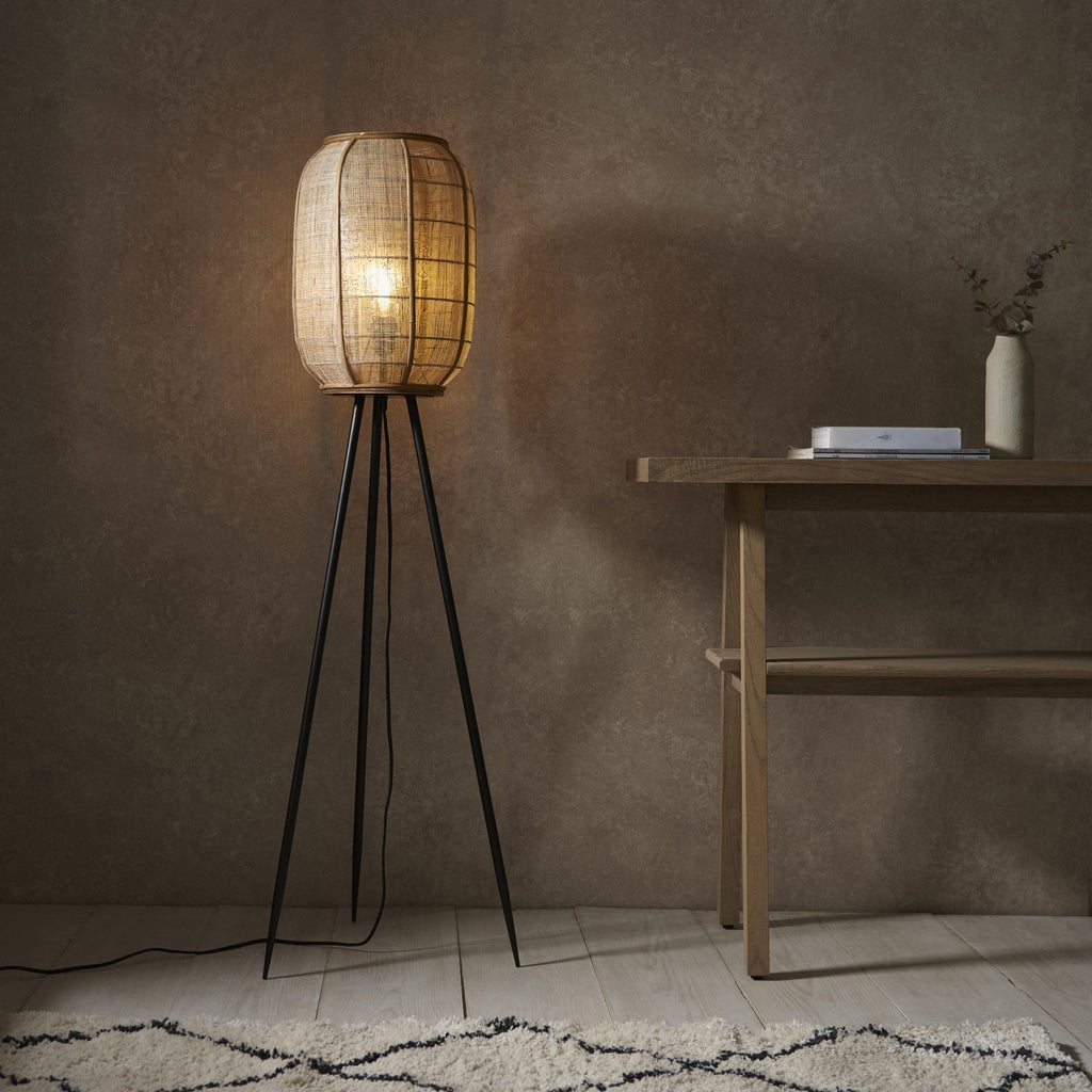 101687 Zaire 1 Light Floor Lamp Natural Linen, Natural Bamboo & Matt Black