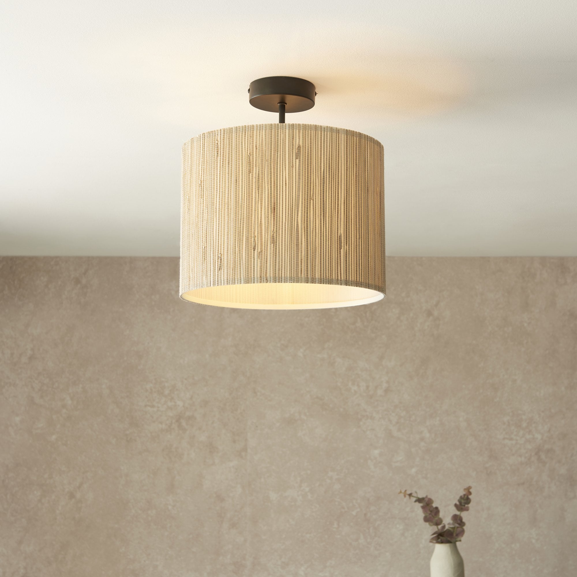 101695 Longshore 1 Light Semi Flush Ceiling Light Natural Seagrass & Matt Black