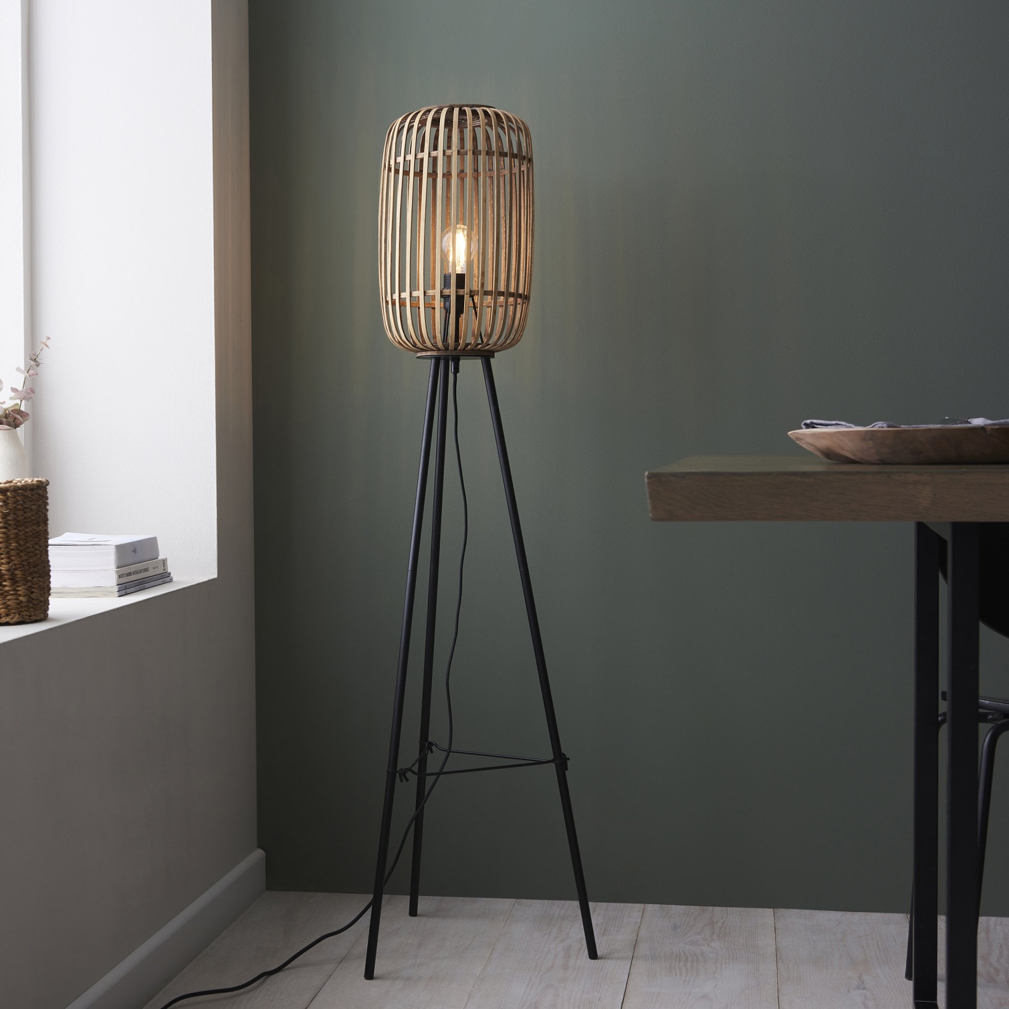 Mathias 1 Light Floor  Lamp Natural Bamboo, Plywood & Matt Black Paint