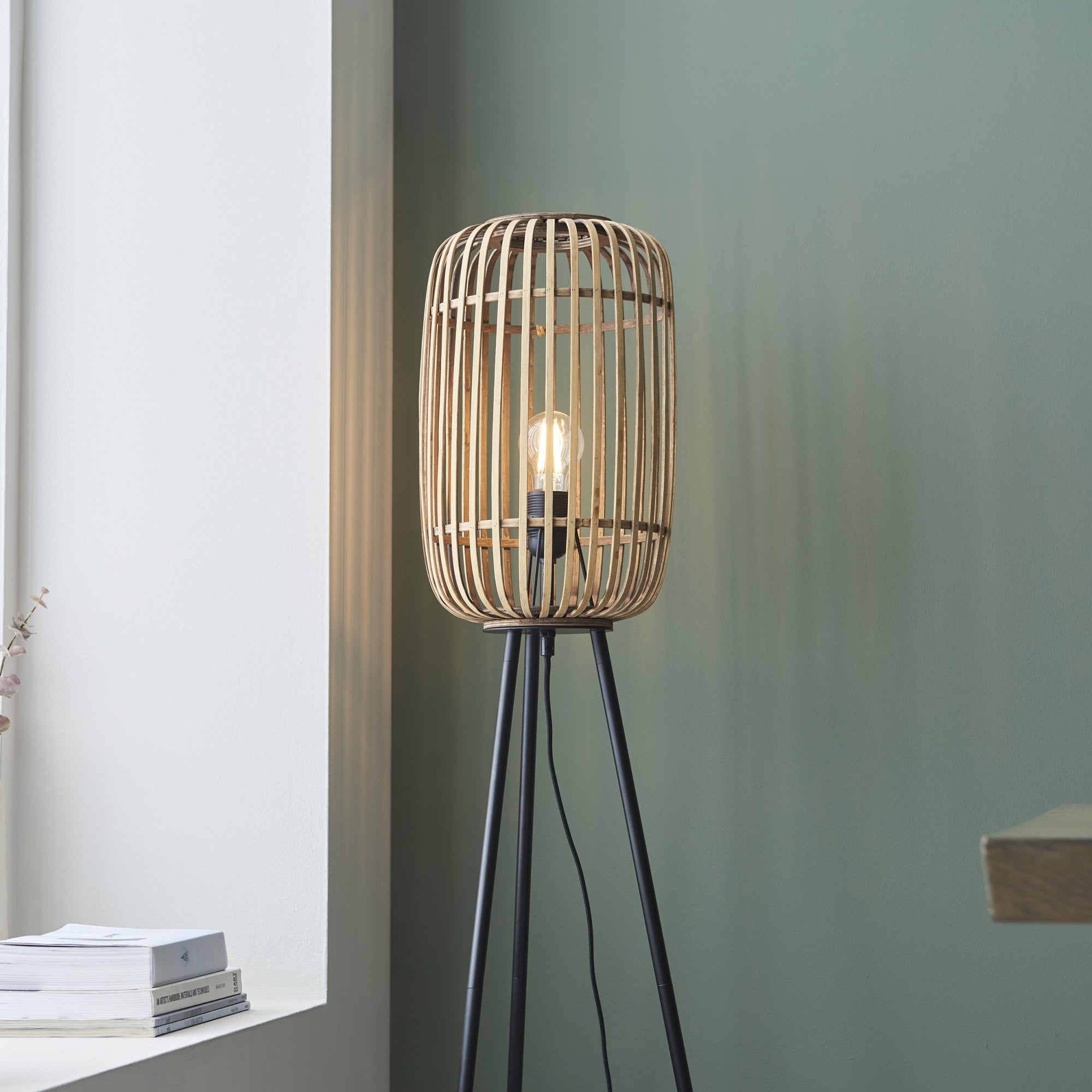 Mathias 1 Light Floor  Lamp Natural Bamboo, Plywood & Matt Black Paint