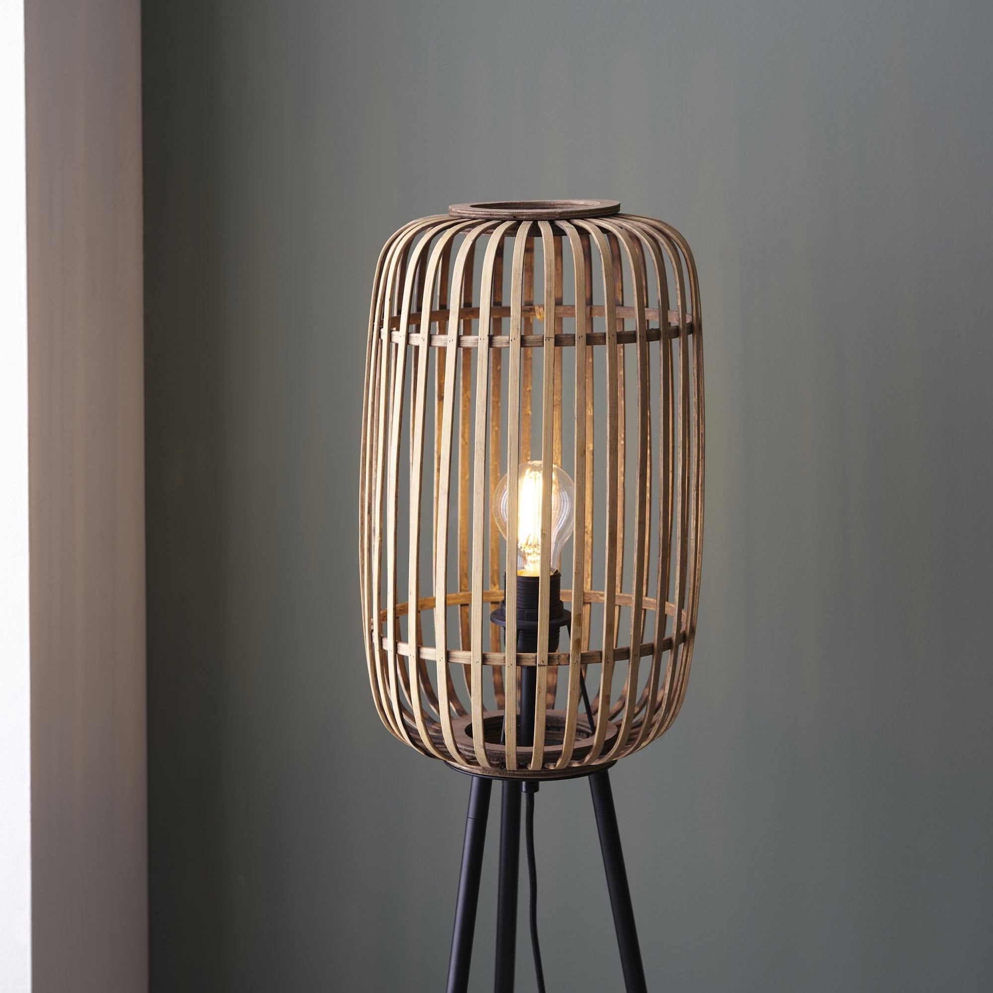 Mathias 1 Light Floor  Lamp Natural Bamboo, Plywood & Matt Black Paint