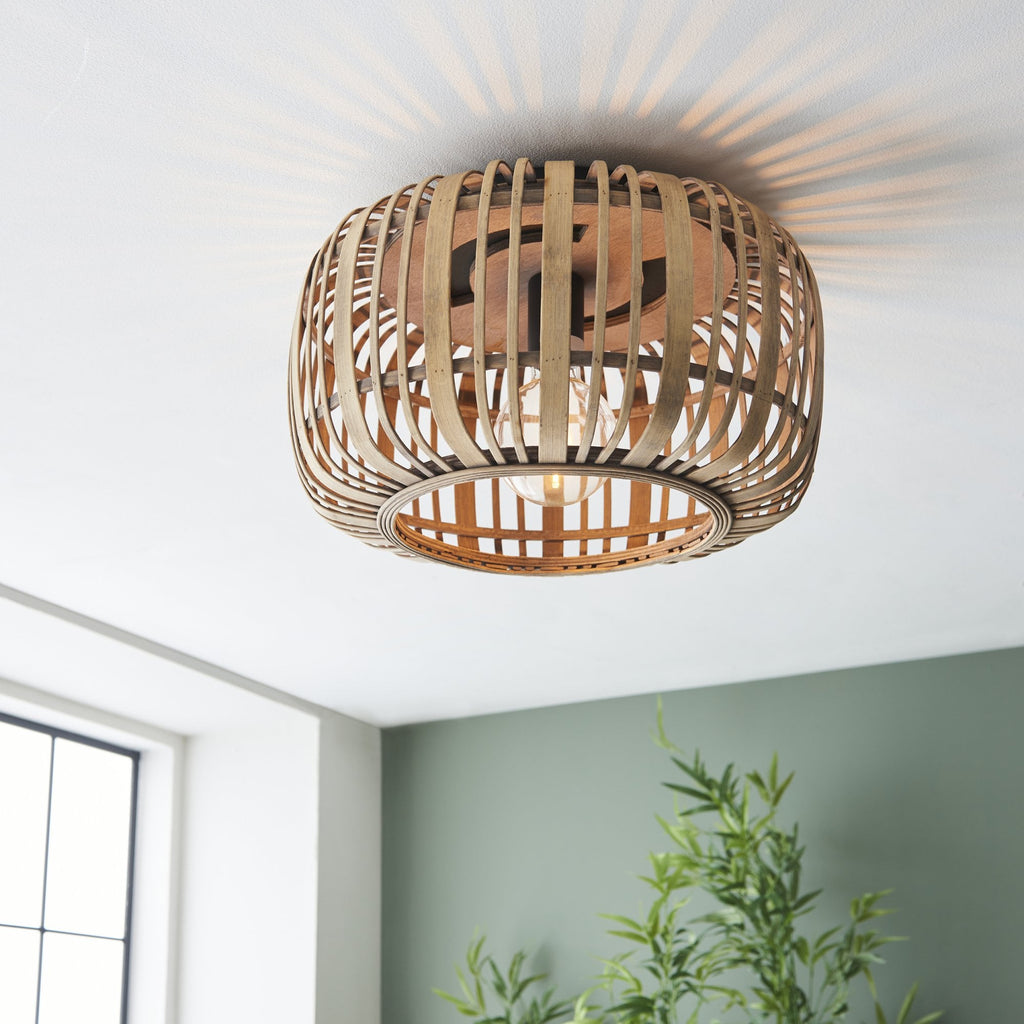 101776 Mathias 1 Light Flush Ceiling Light Natural Bamboo, Plywood & Matt Black Paint
