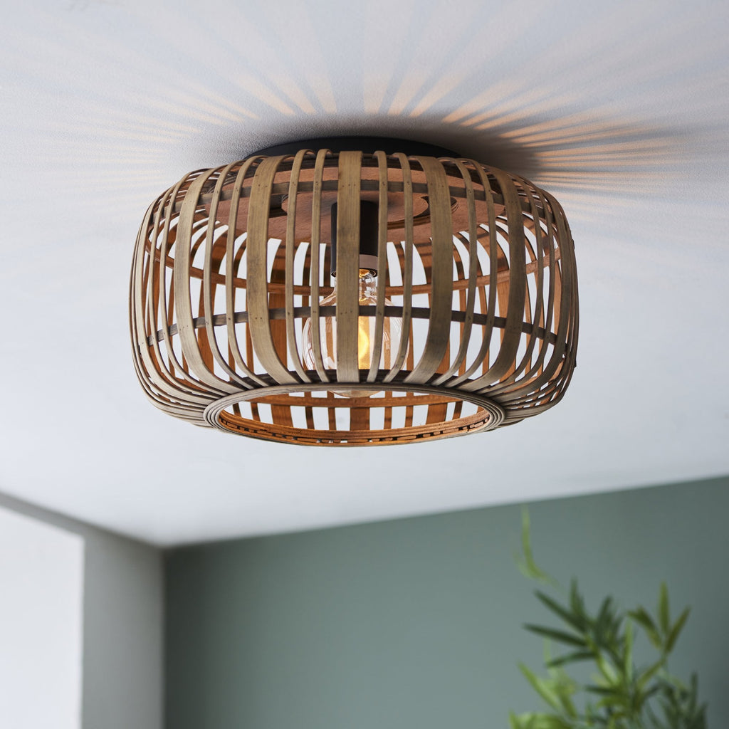 101776 Mathias 1 Light Flush Ceiling Light Natural Bamboo, Plywood & Matt Black Paint