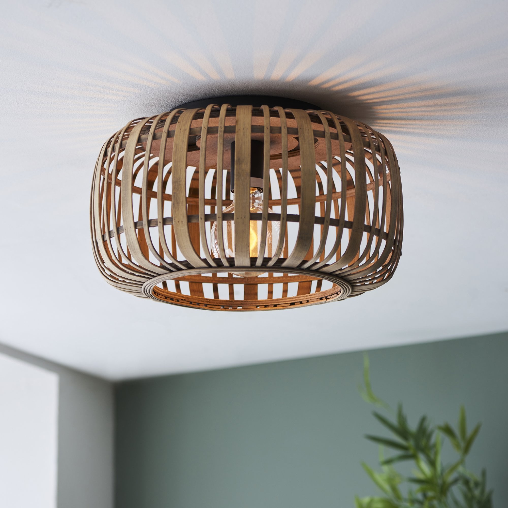 101776 Mathias 1 Light Flush Ceiling Light Natural Bamboo, Plywood & Matt Black Paint