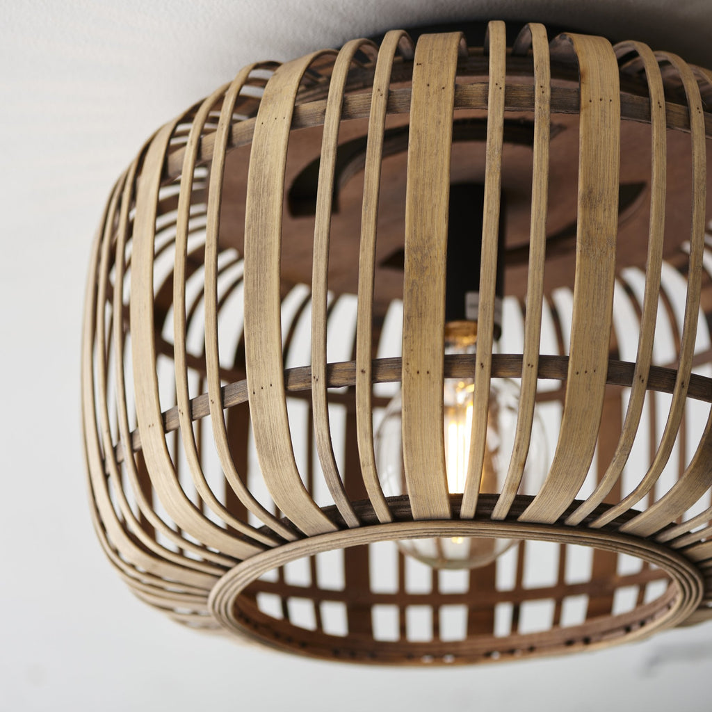 101776 Mathias 1 Light Flush Ceiling Light Natural Bamboo, Plywood & Matt Black Paint