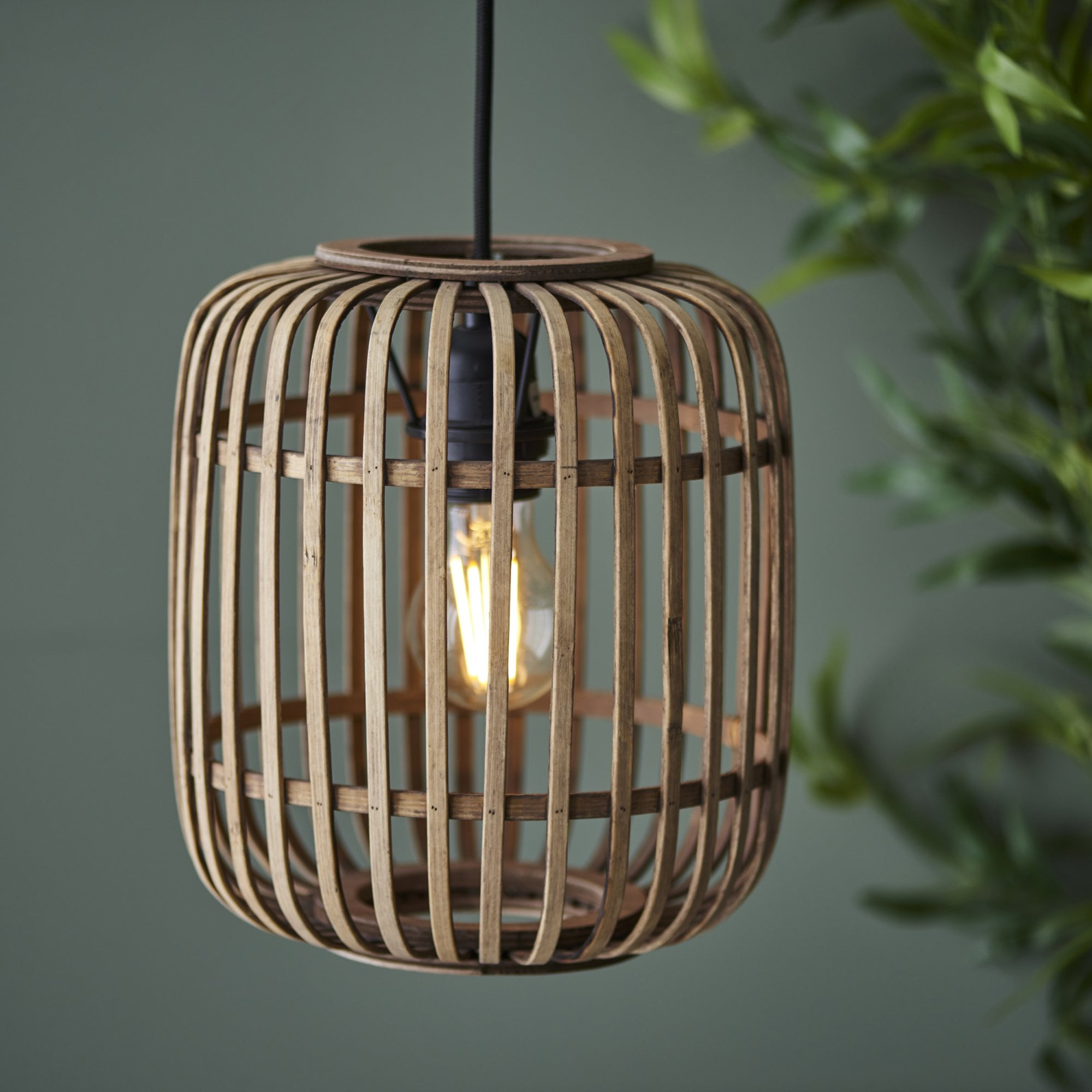 101777 Mathias 1 Light Pendant Natural Bamboo, Plywood & Matt Black Paint