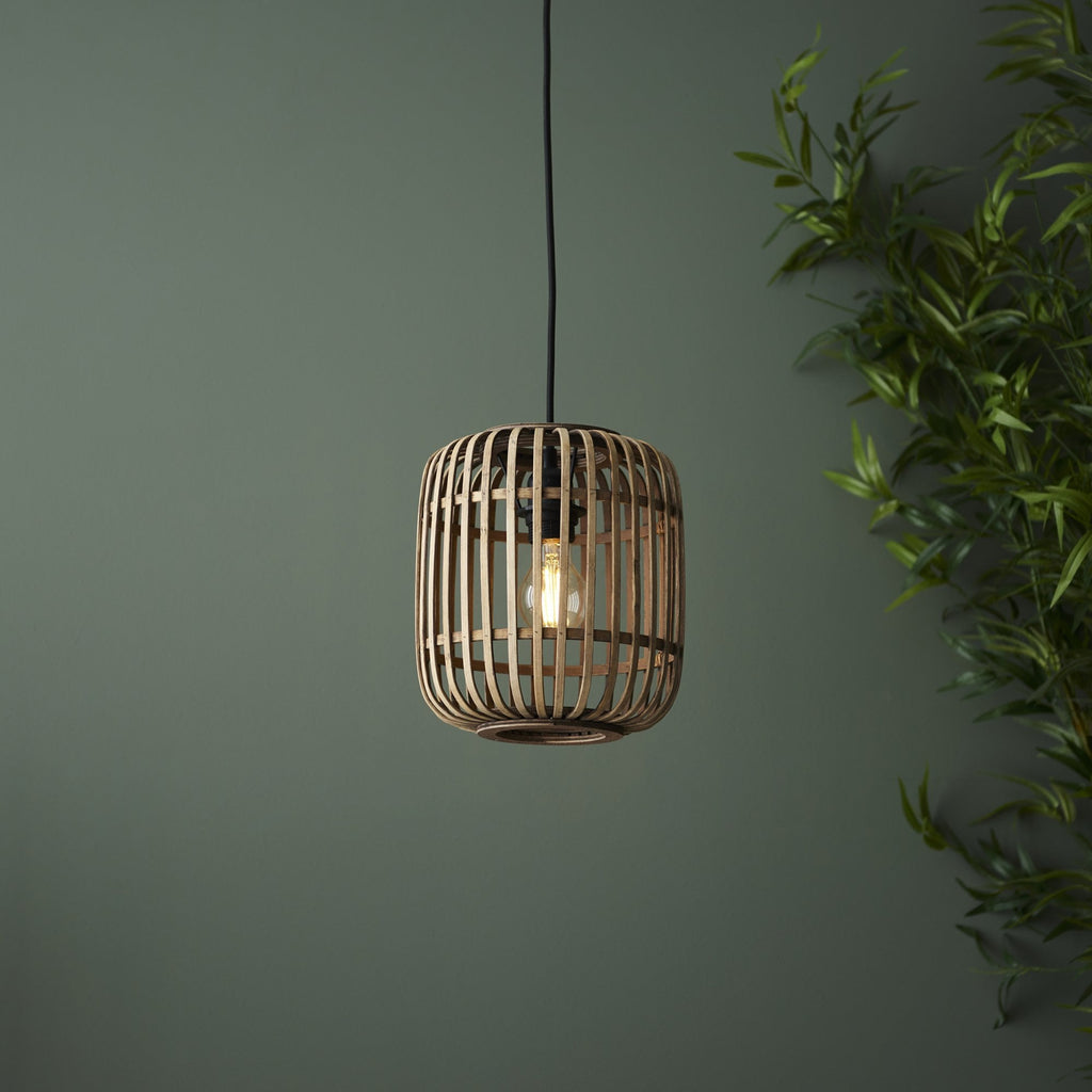 101777 Mathias 1 Light Pendant Natural Bamboo, Plywood & Matt Black Paint