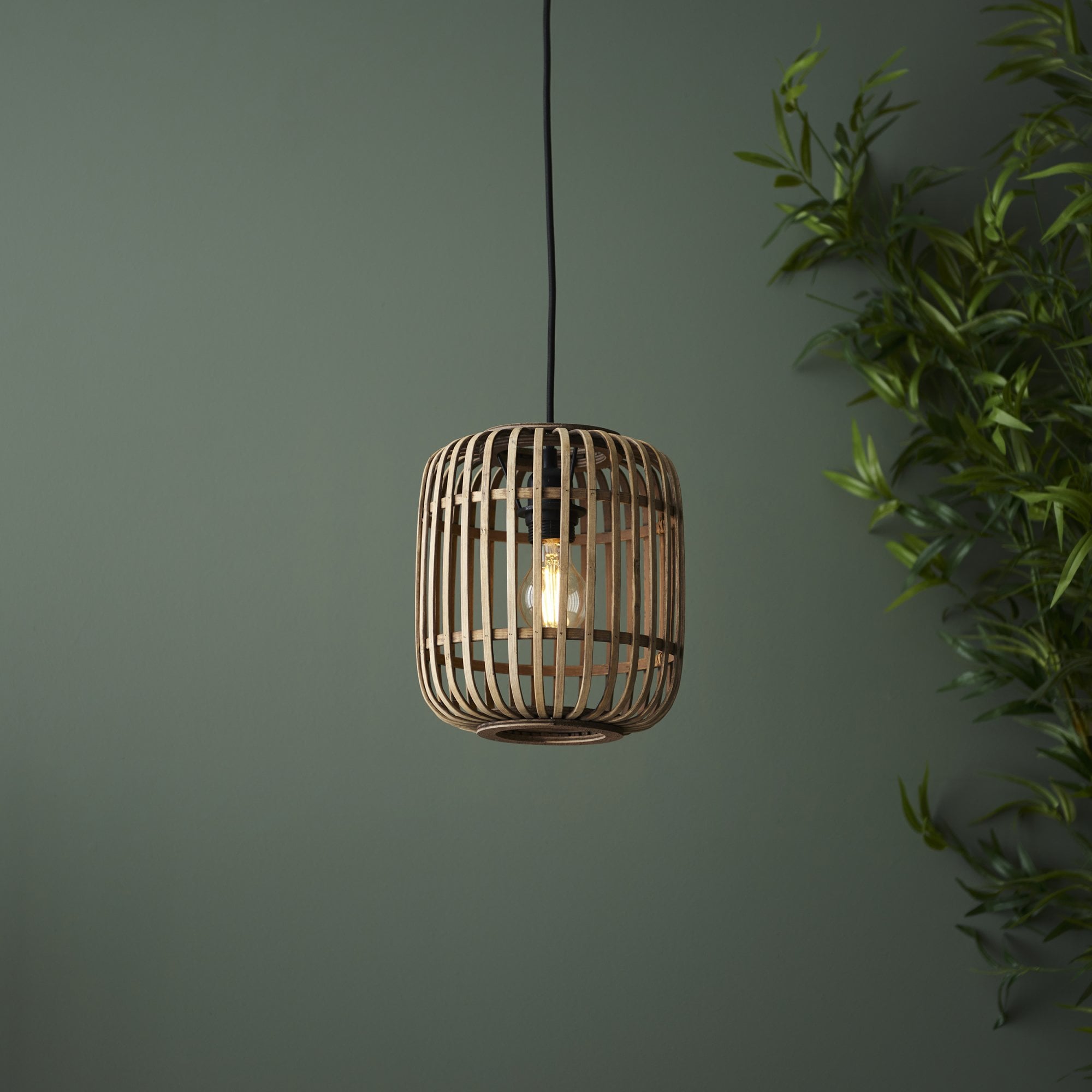 101777 Mathias 1 Light Pendant Natural Bamboo, Plywood & Matt Black Paint