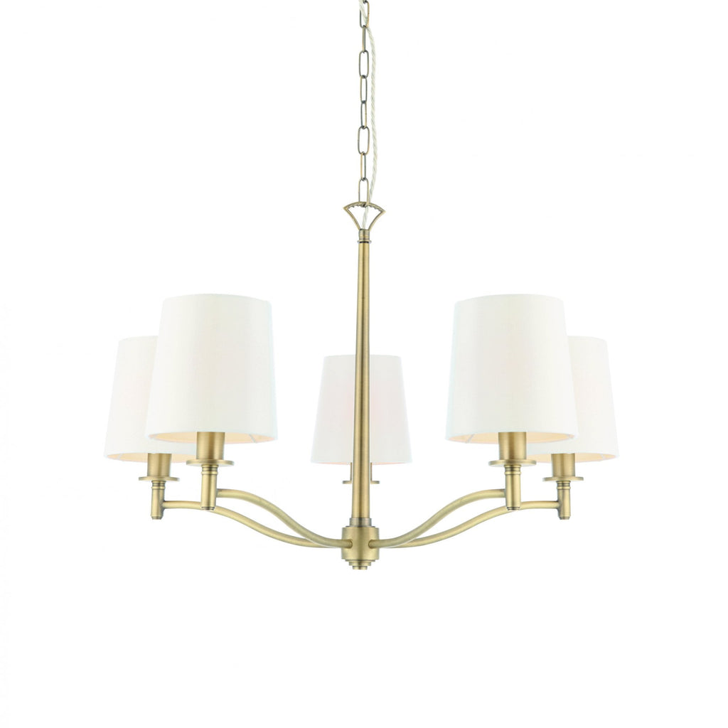 70245 Ortona 5 Light Pendant Matt Antique Brass And White Faux Silk