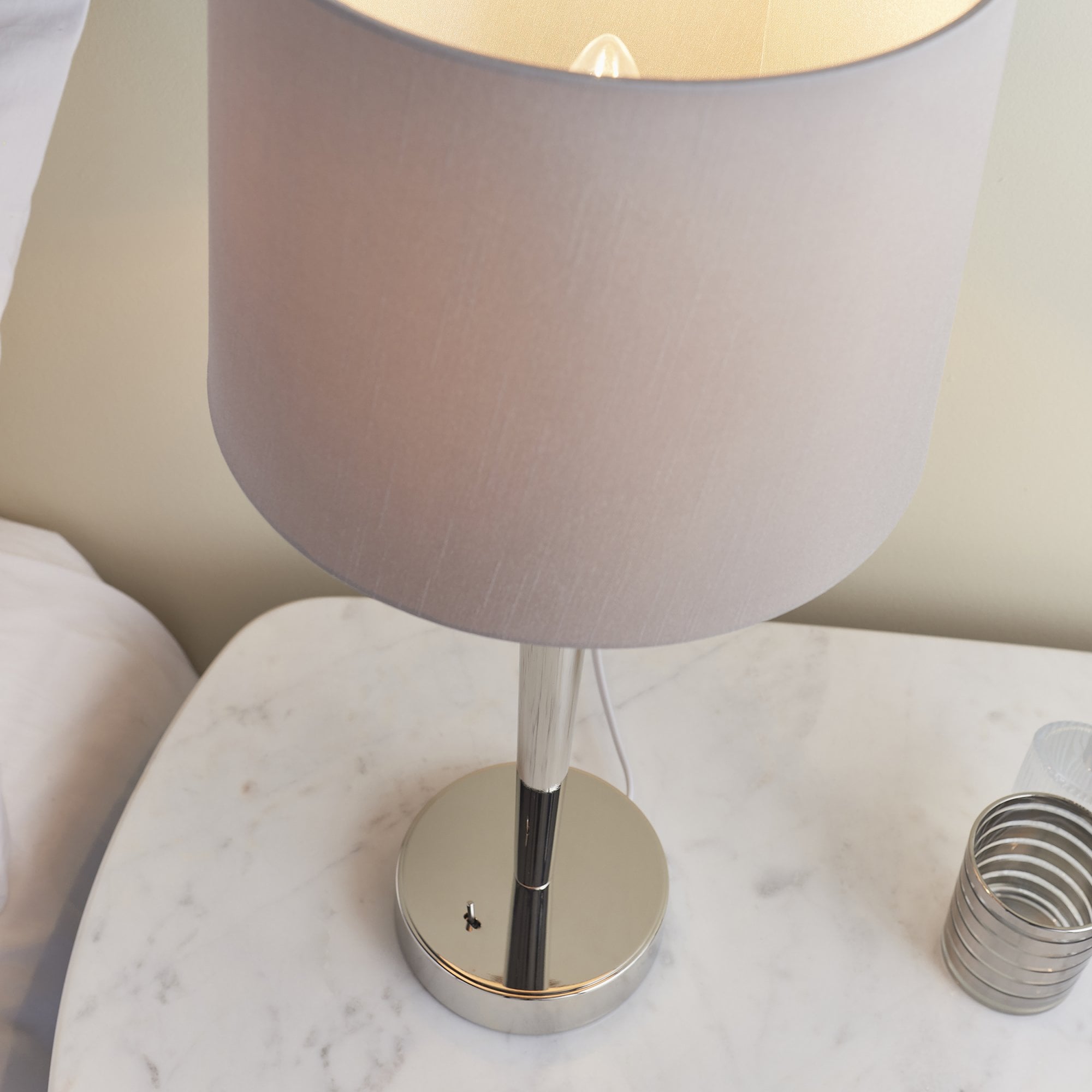 72175 Syon Table Lamp Nickel And Mink Faux Silk Shade