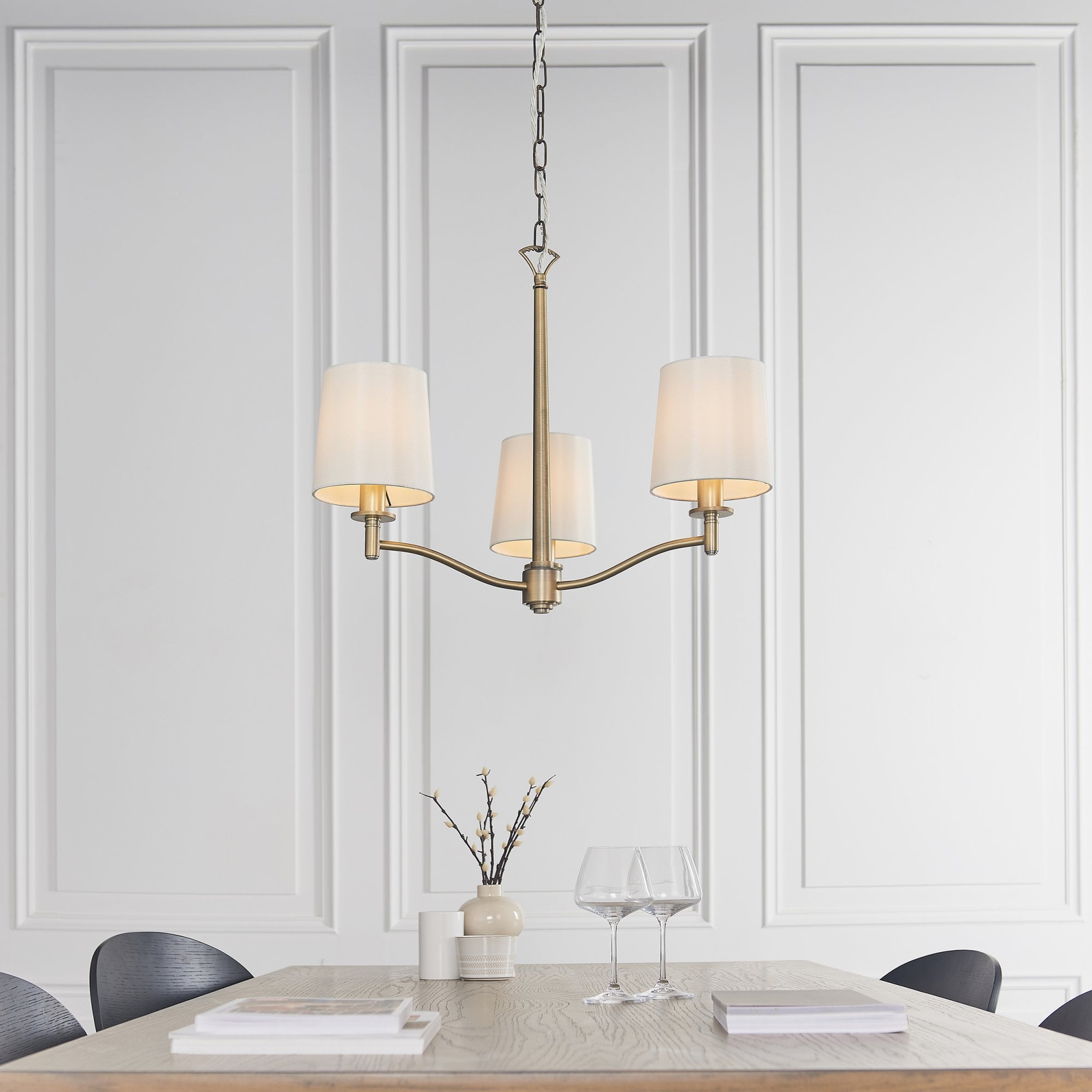 73411 Ortona 3 Light Pendant Antique Brass White Shades