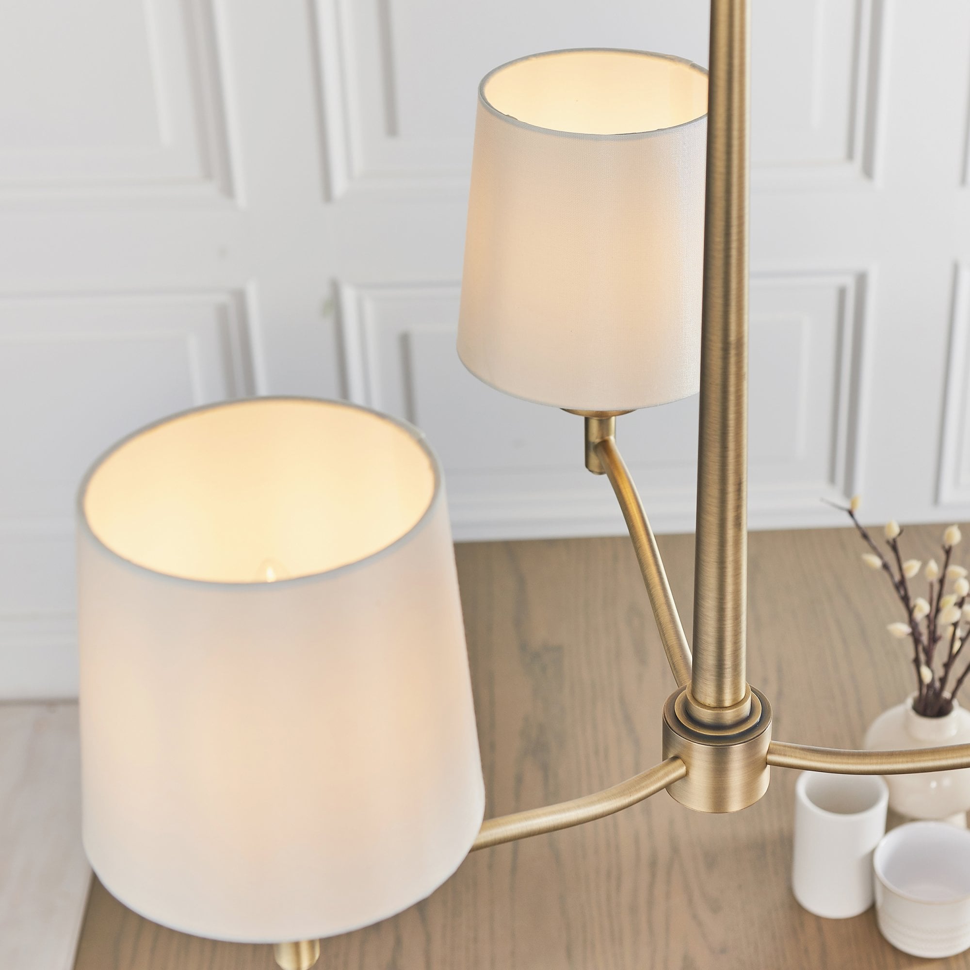 73411 Ortona 3 Light Pendant Antique Brass White Shades