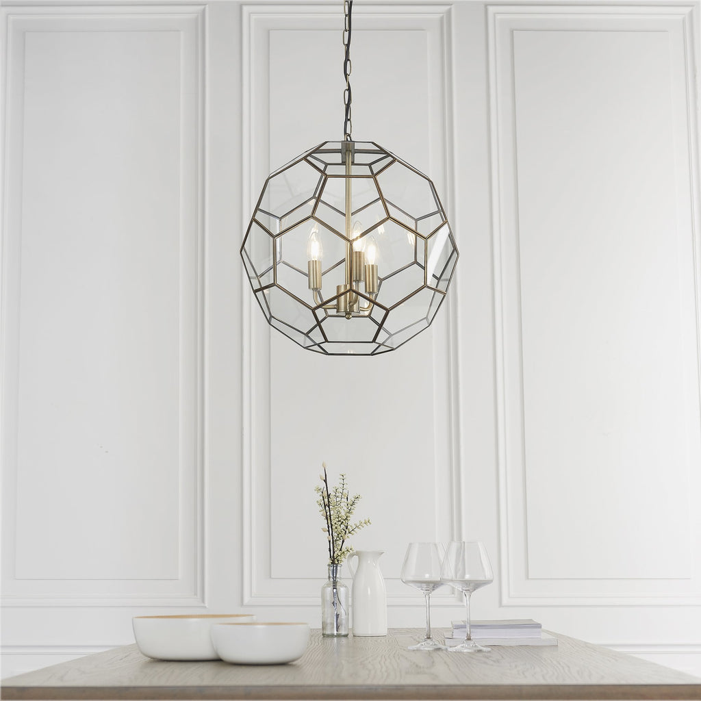 73560 Miele 3 Light Pendant Antique Brass Clear Glass
