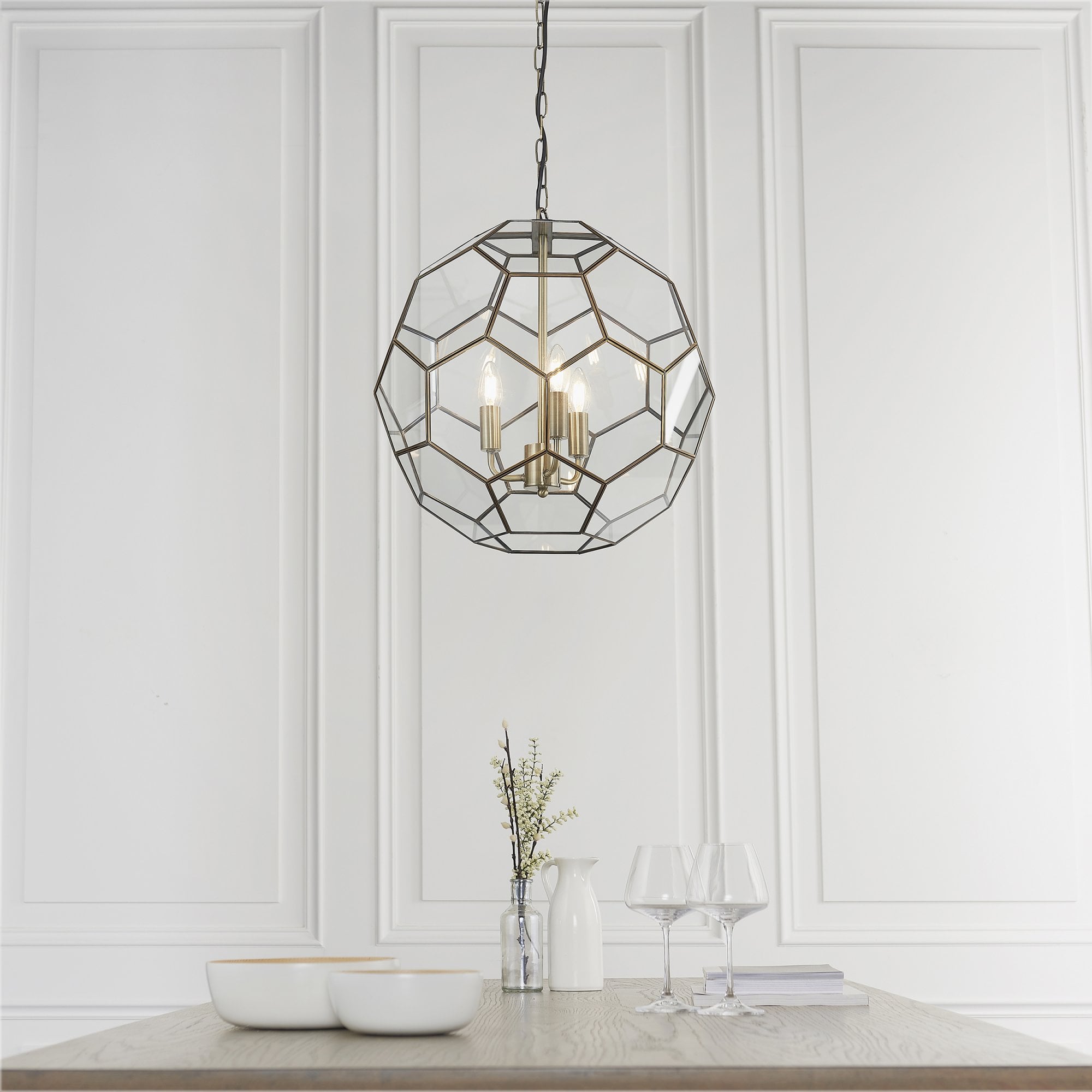 73560 Miele 3 Light Pendant Antique Brass Clear Glass