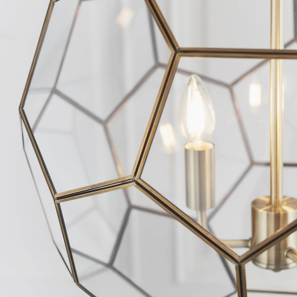 73560 Miele 3 Light Pendant Antique Brass Clear Glass