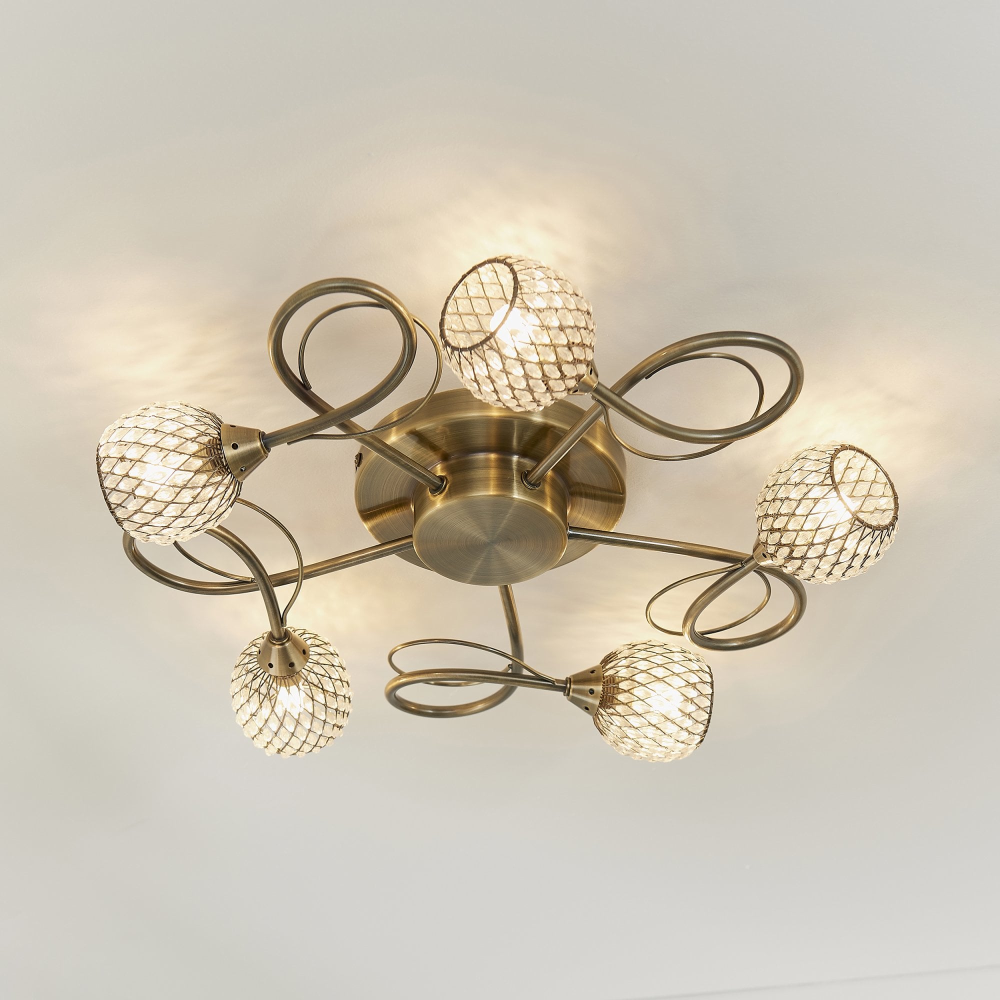 73757 Aherne 5 Light Semi Flush Ceiling Antique Brass Clear Bead Shade