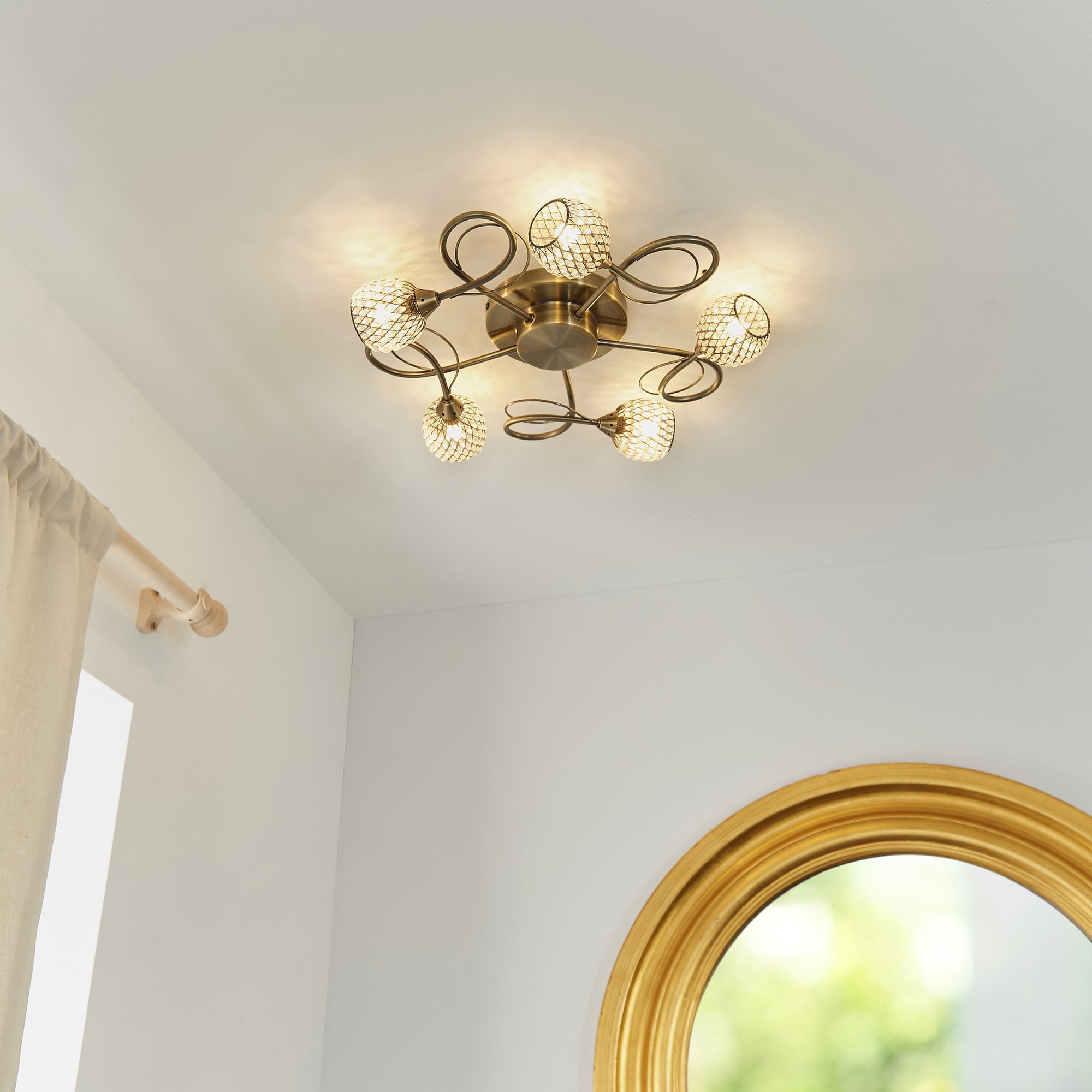73757 Aherne 5 Light Semi Flush Ceiling Antique Brass Clear Bead Shade