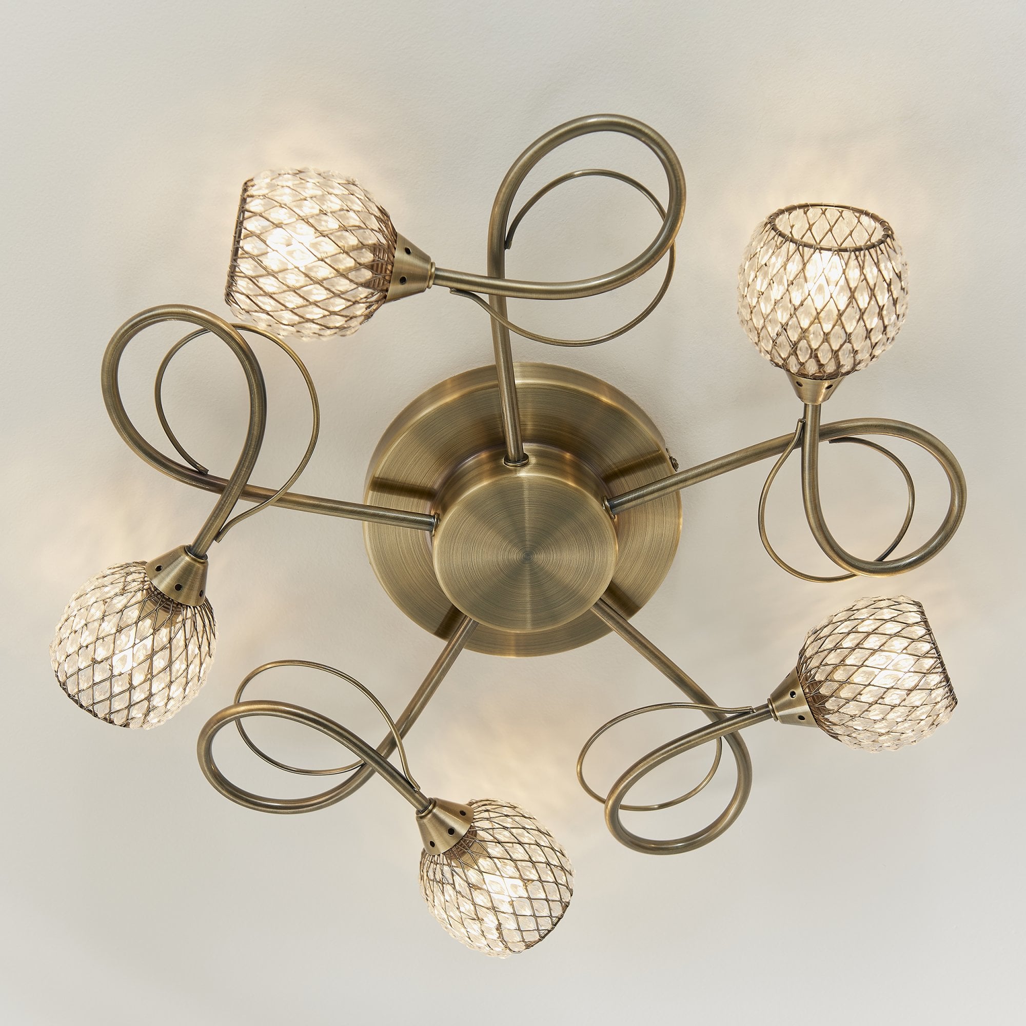 73757 Aherne 5 Light Semi Flush Ceiling Antique Brass Clear Bead Shade