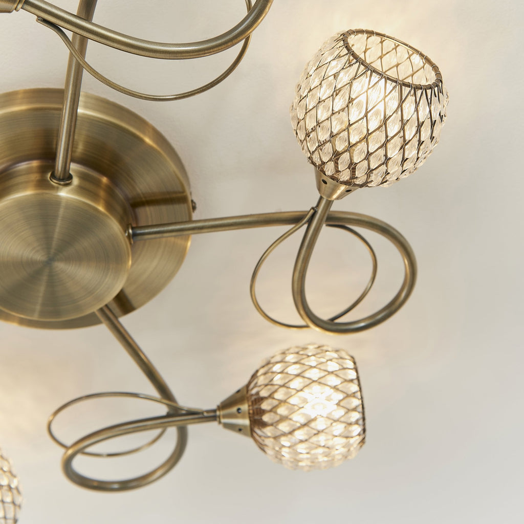 73757 Aherne 5 Light Semi Flush Ceiling Antique Brass Clear Bead Shade
