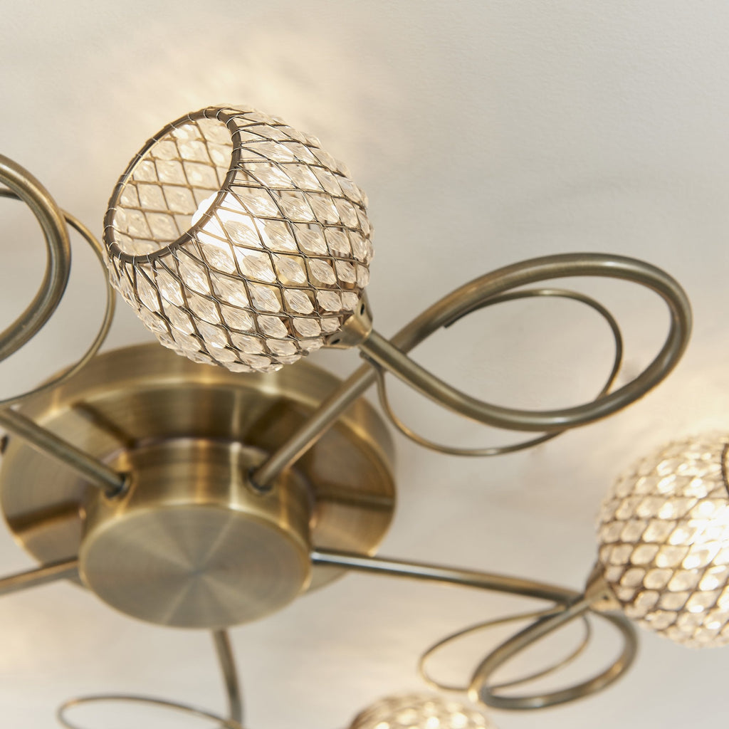 73757 Aherne 5 Light Semi Flush Ceiling Antique Brass Clear Bead Shade