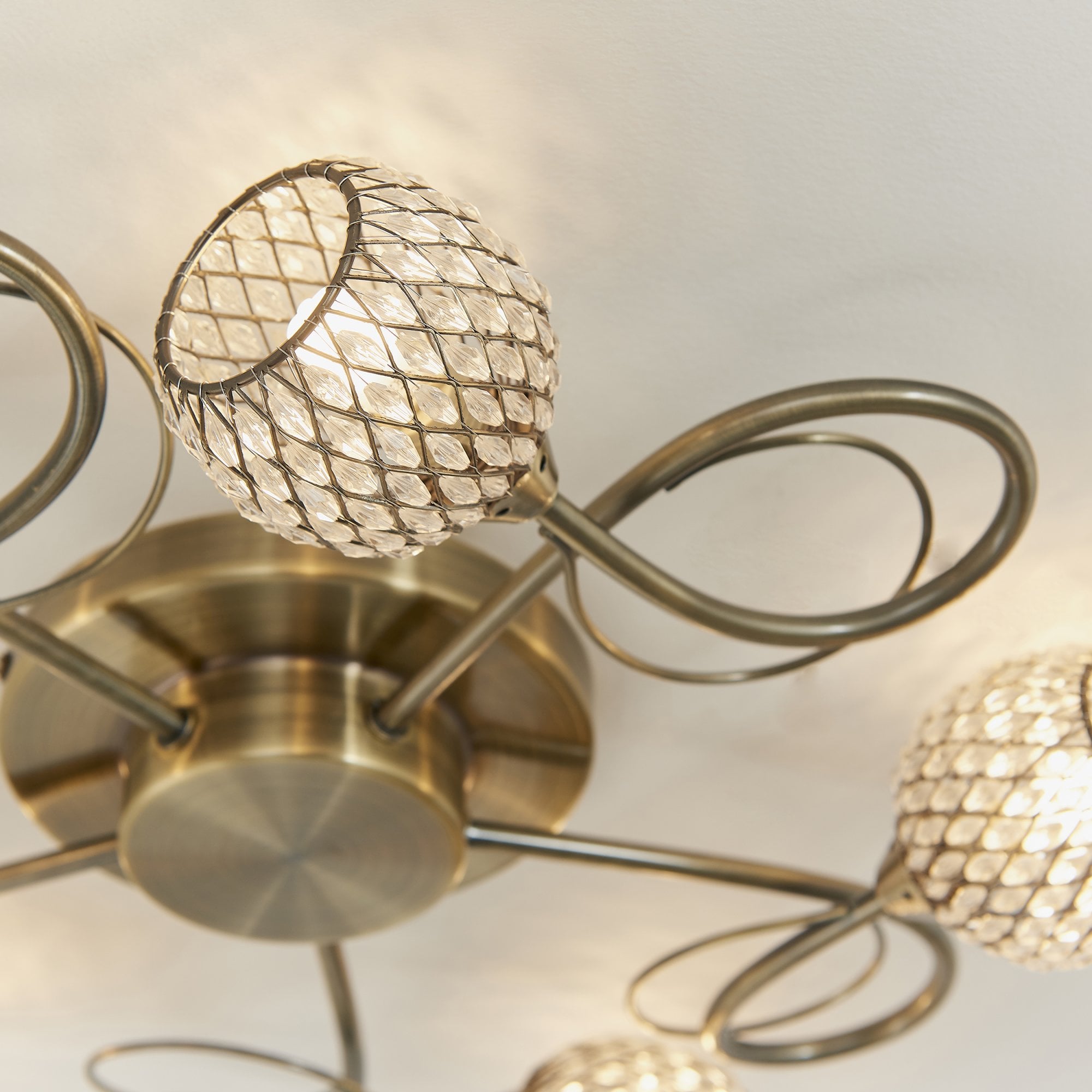 73757 Aherne 5 Light Semi Flush Ceiling Antique Brass Clear Bead Shade