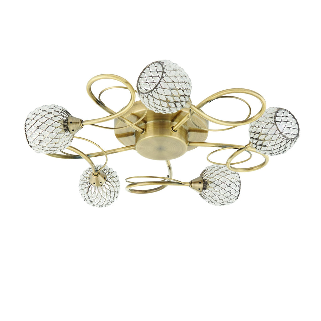 73757 Aherne 5 Light Semi Flush Ceiling Antique Brass Clear Bead Shade