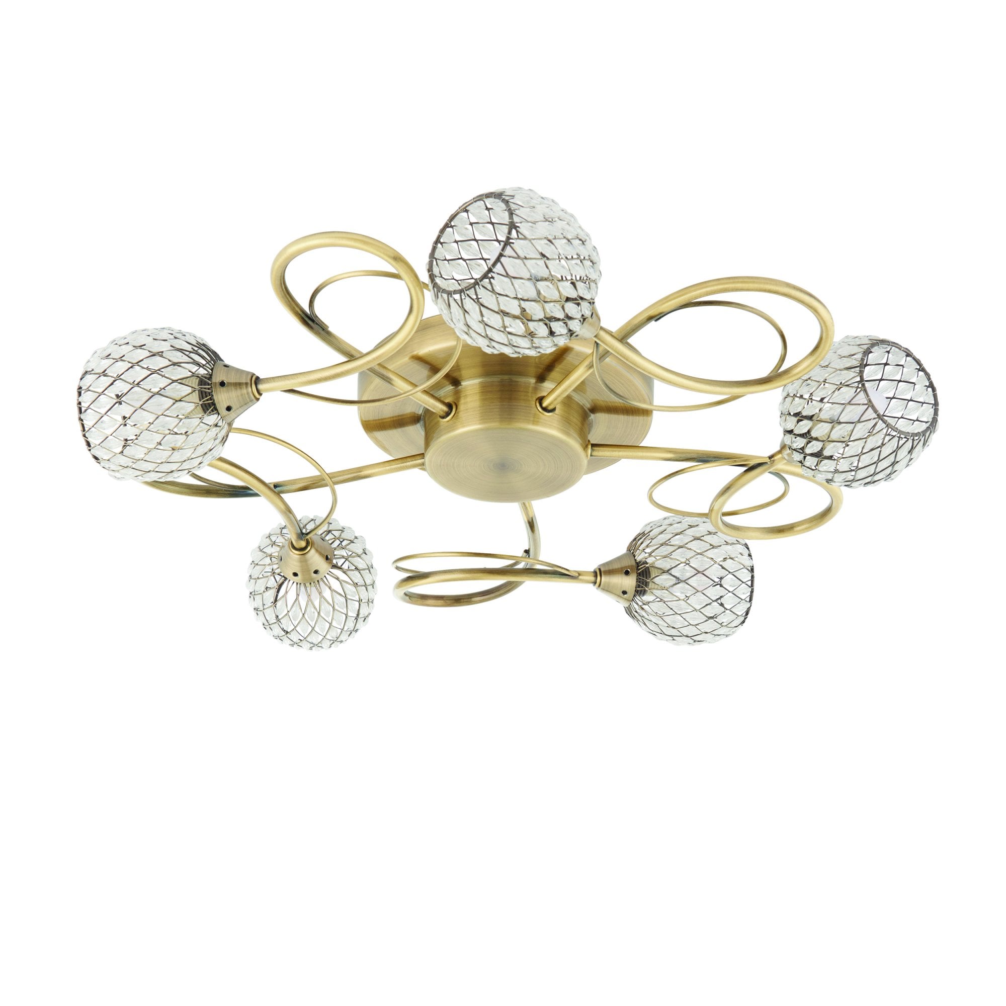 73757 Aherne 5 Light Semi Flush Ceiling Antique Brass Clear Bead Shade