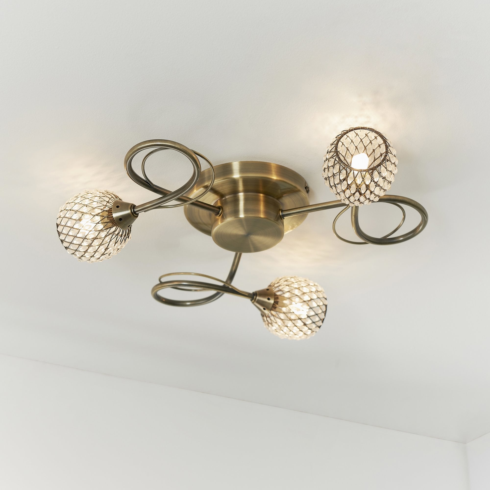 73758 Aherne 3 Light Semi Flush Ceiling Antique Brass Clear Bead Shade