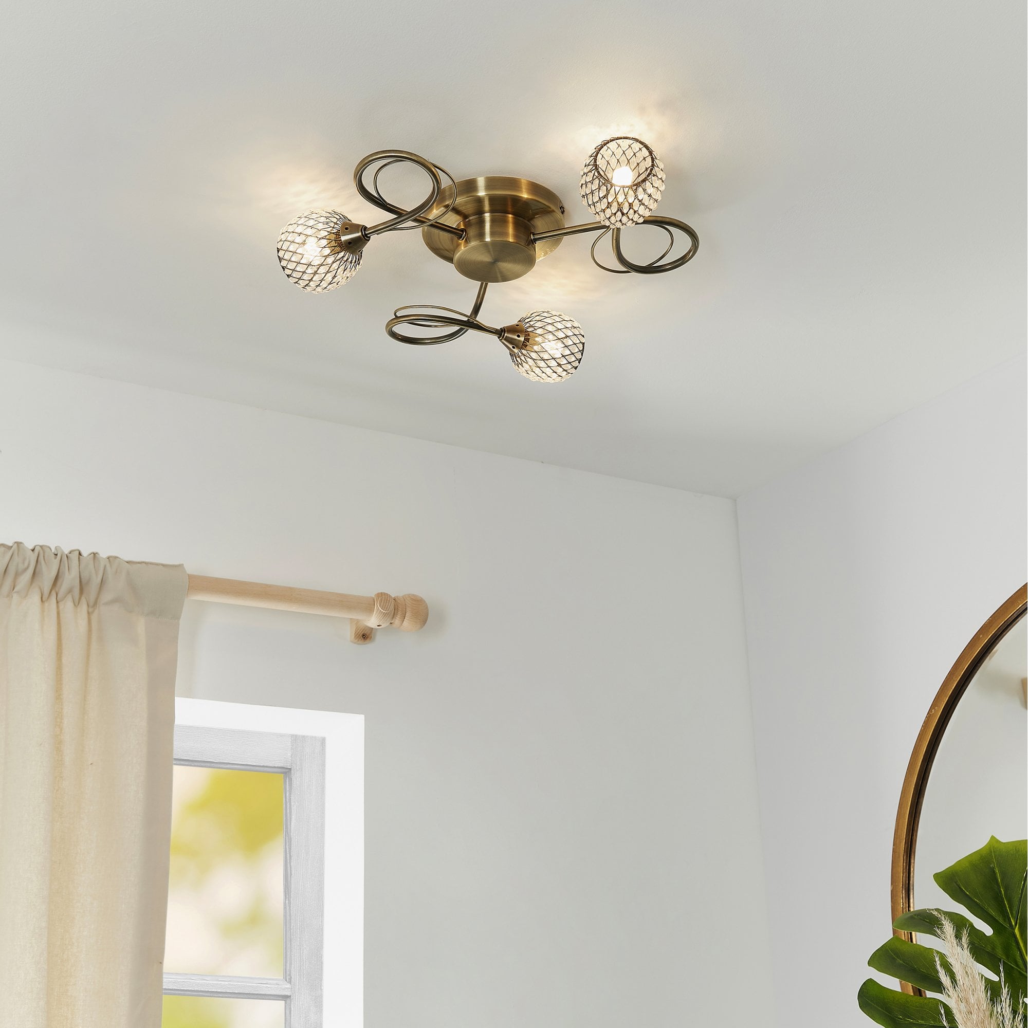 73758 Aherne 3 Light Semi Flush Ceiling Antique Brass Clear Bead Shade