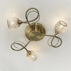 73758 Aherne 3 Light Semi Flush Ceiling Antique Brass Clear Bead Shade