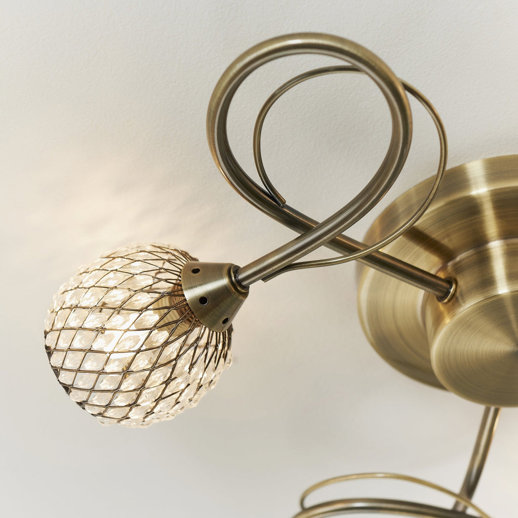 73758 Aherne 3 Light Semi Flush Ceiling Antique Brass Clear Bead Shade