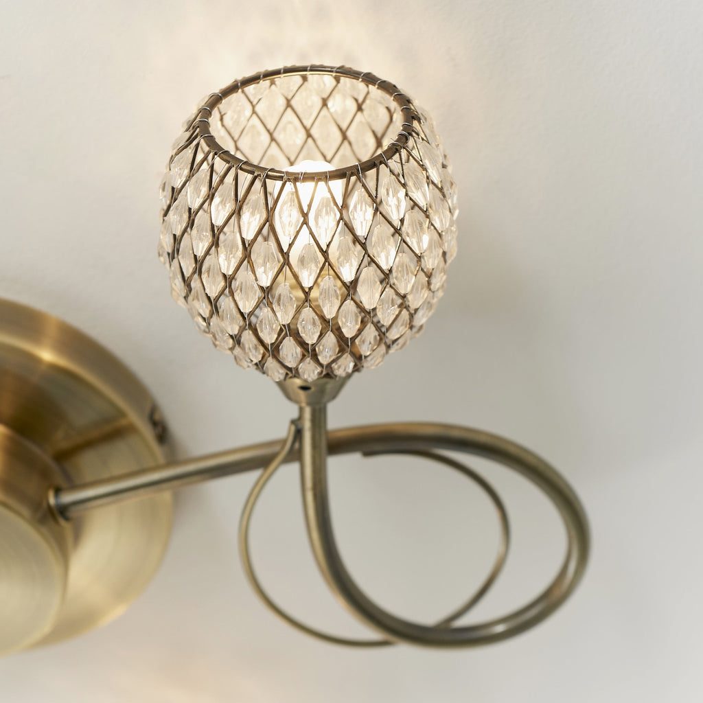 73758 Aherne 3 Light Semi Flush Ceiling Antique Brass Clear Bead Shade