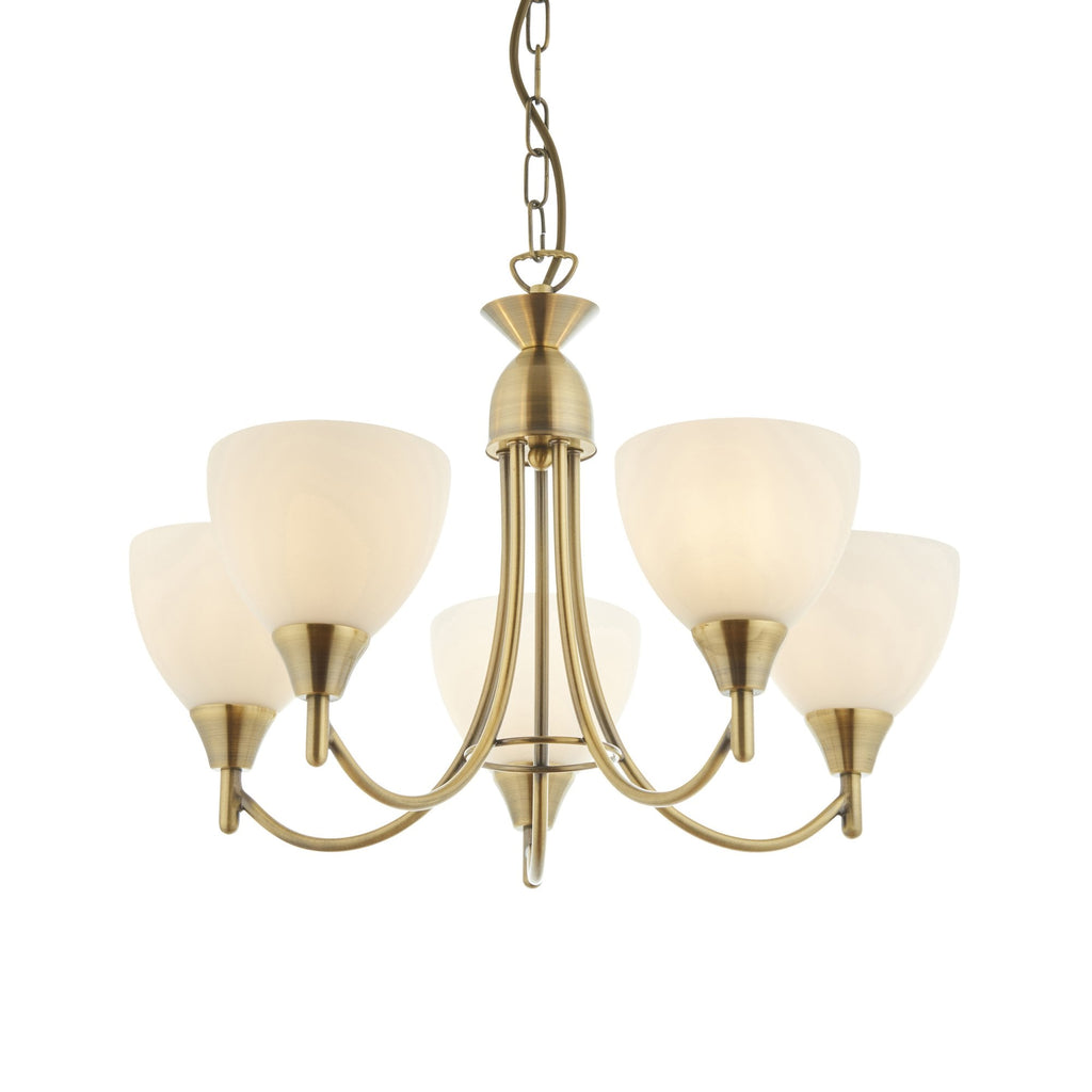 1805-5AN Alton 5 Light Pendant Antique Brass Plate & Matt Opal Glass