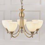 1805-5AN Alton 5 Light Pendant Antique Brass Plate & Matt Opal Glass