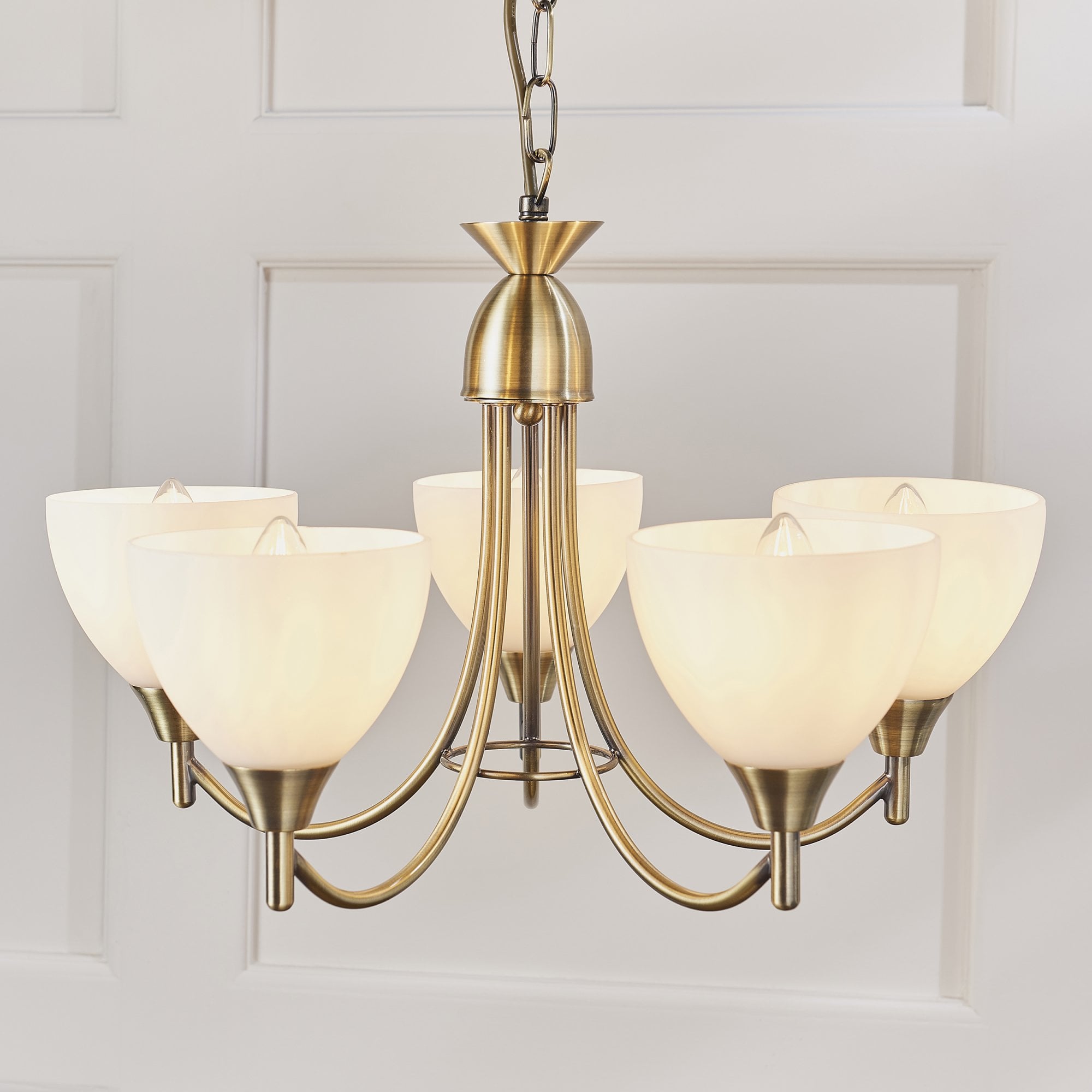 1805-5AN Alton 5 Light Pendant Antique Brass Plate & Matt Opal Glass