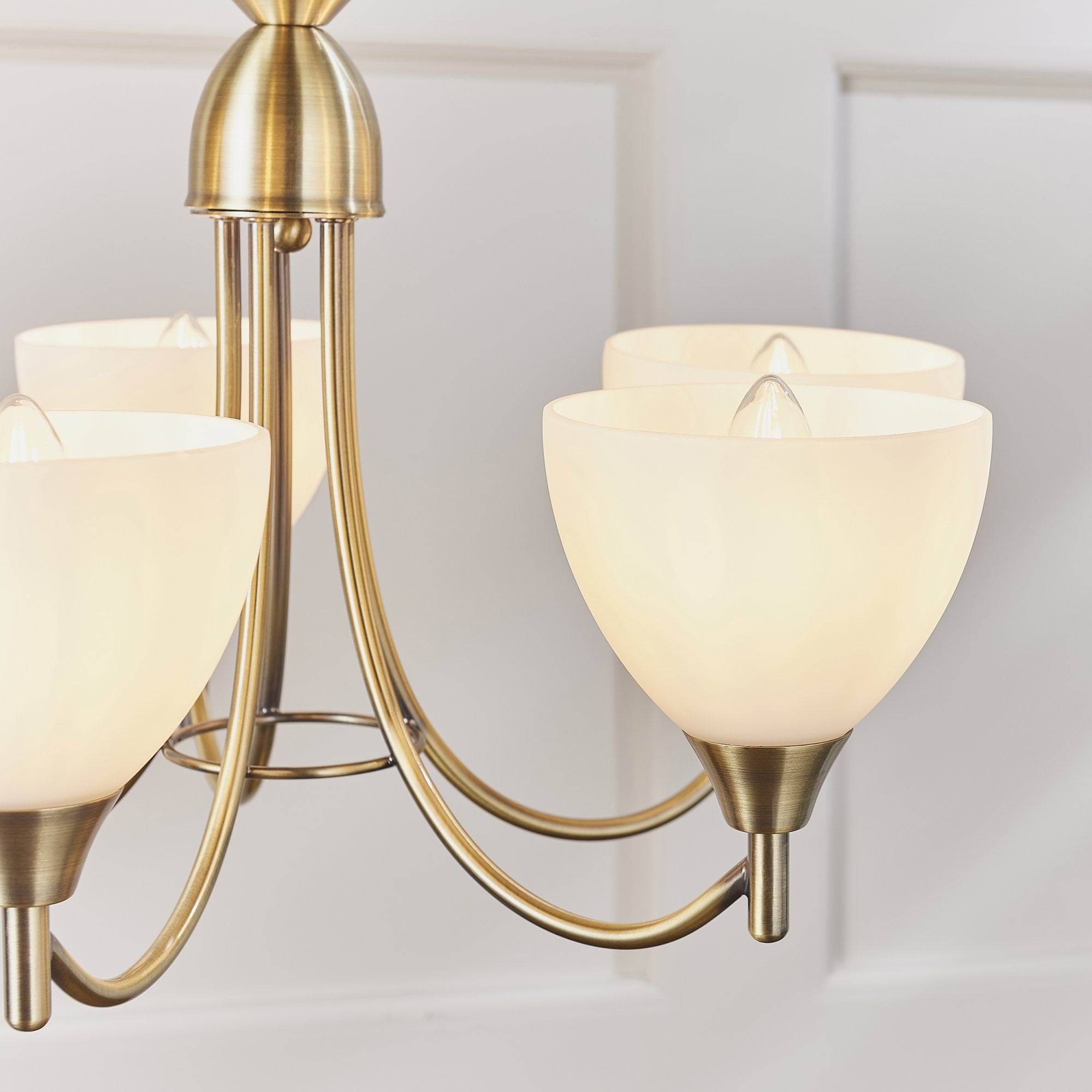 1805-5AN Alton 5 Light Pendant Antique Brass Plate & Matt Opal Glass