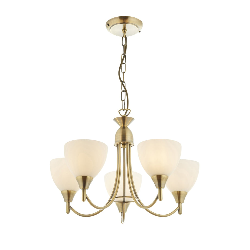 1805-5AN Alton 5 Light Pendant Antique Brass Plate & Matt Opal Glass