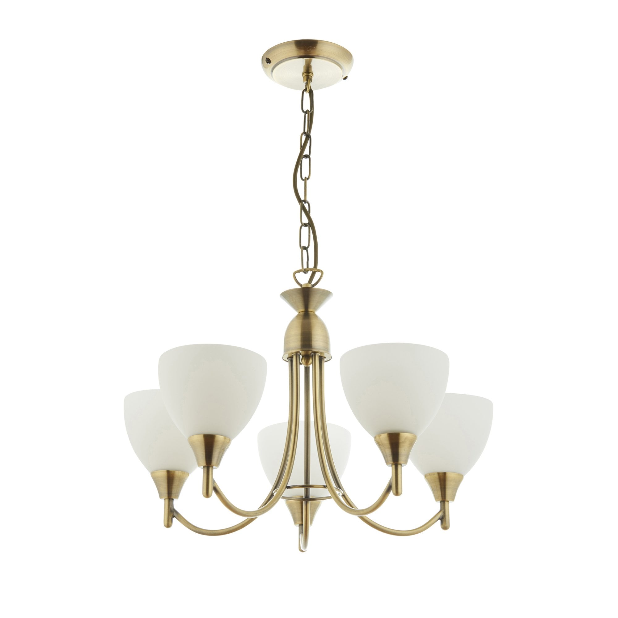 1805-5AN Alton 5 Light Pendant Antique Brass Plate & Matt Opal Glass