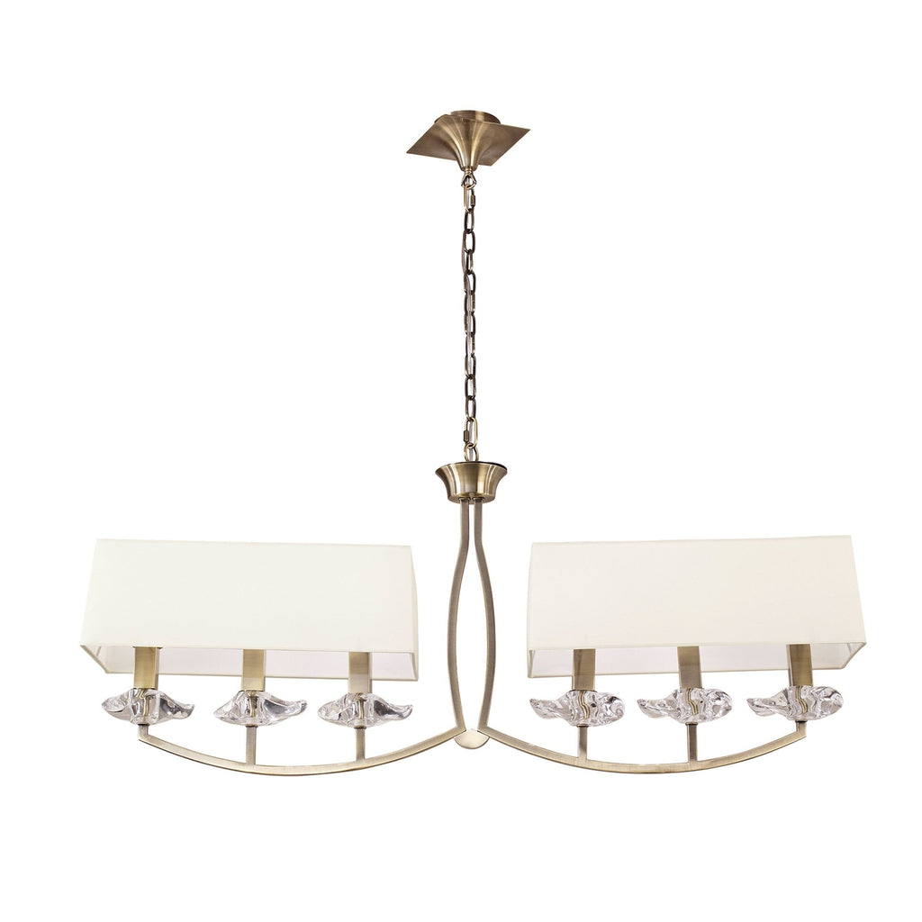 M0781AB Akira Linear Pendant 2 Arm 6 Light E14 Antique Brass Cream Shades