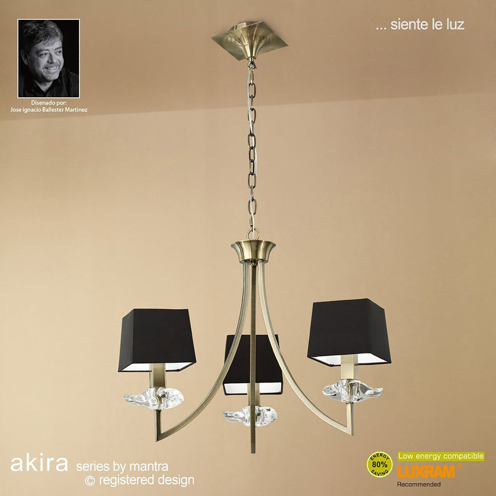 M0783AB/BS Akira Pendant 3 Light E14 Antique Brass Black Shades