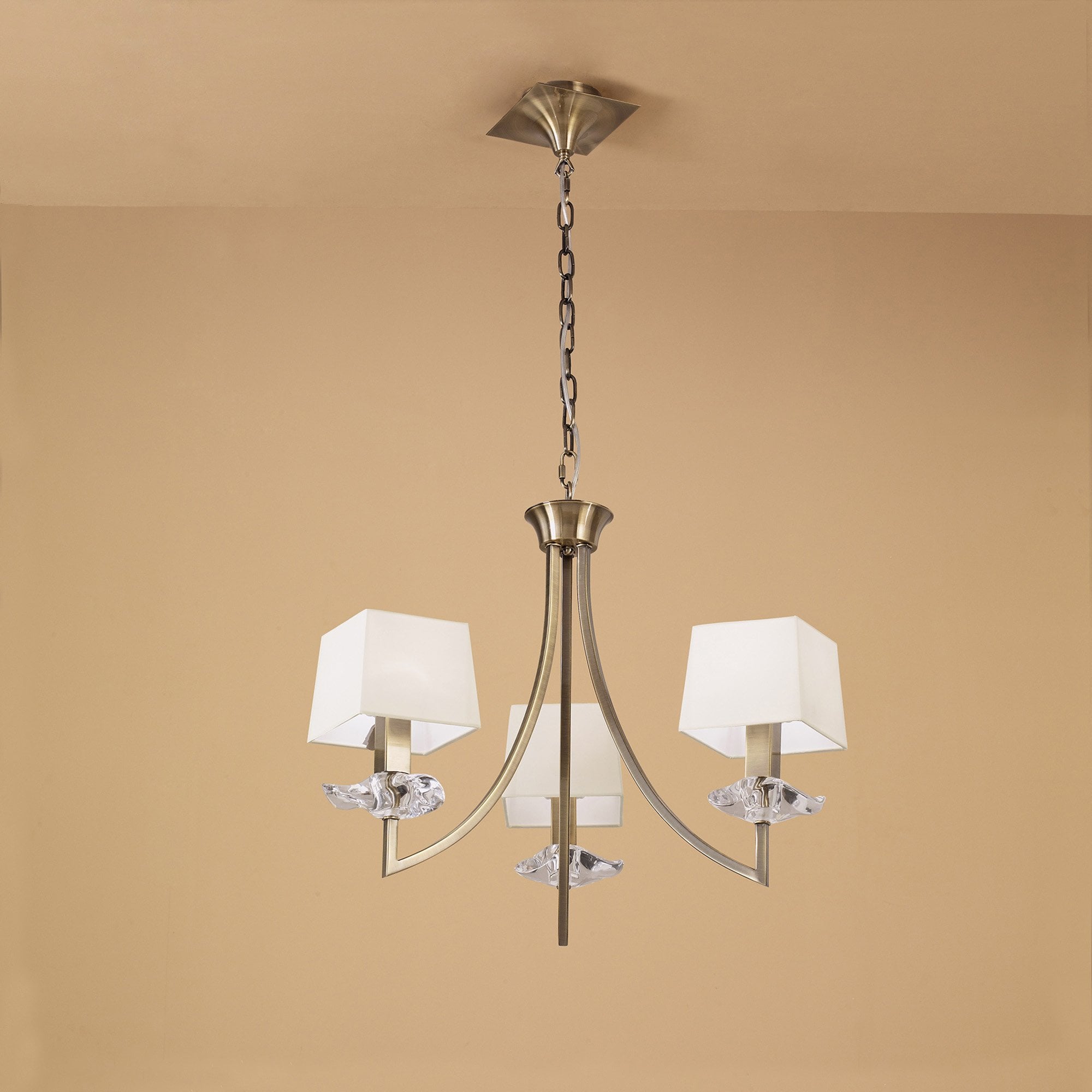M0783AB Akira Pendant 3 Light E14 Antique Brass Cream Shades