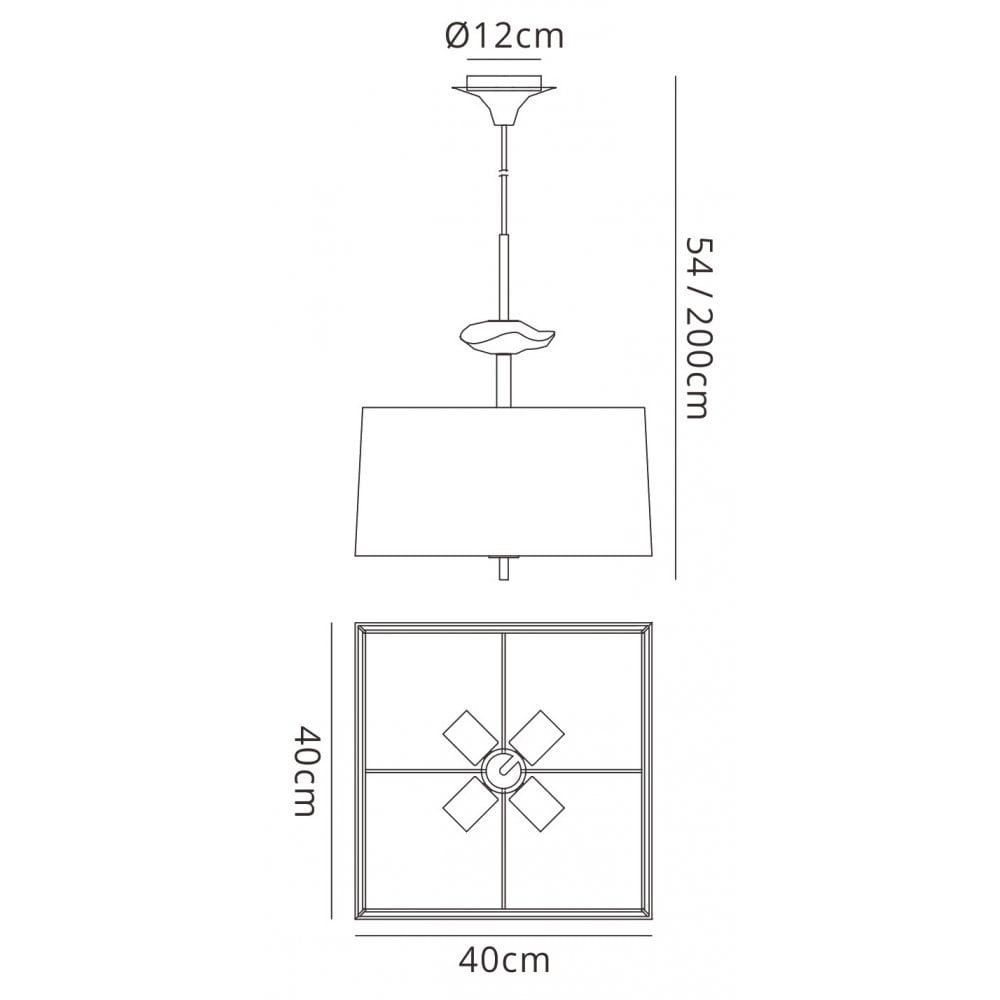 M0784 Akira Square Pendant 4 Light E27 Polished Chrome / Frosted Glass Black Shade