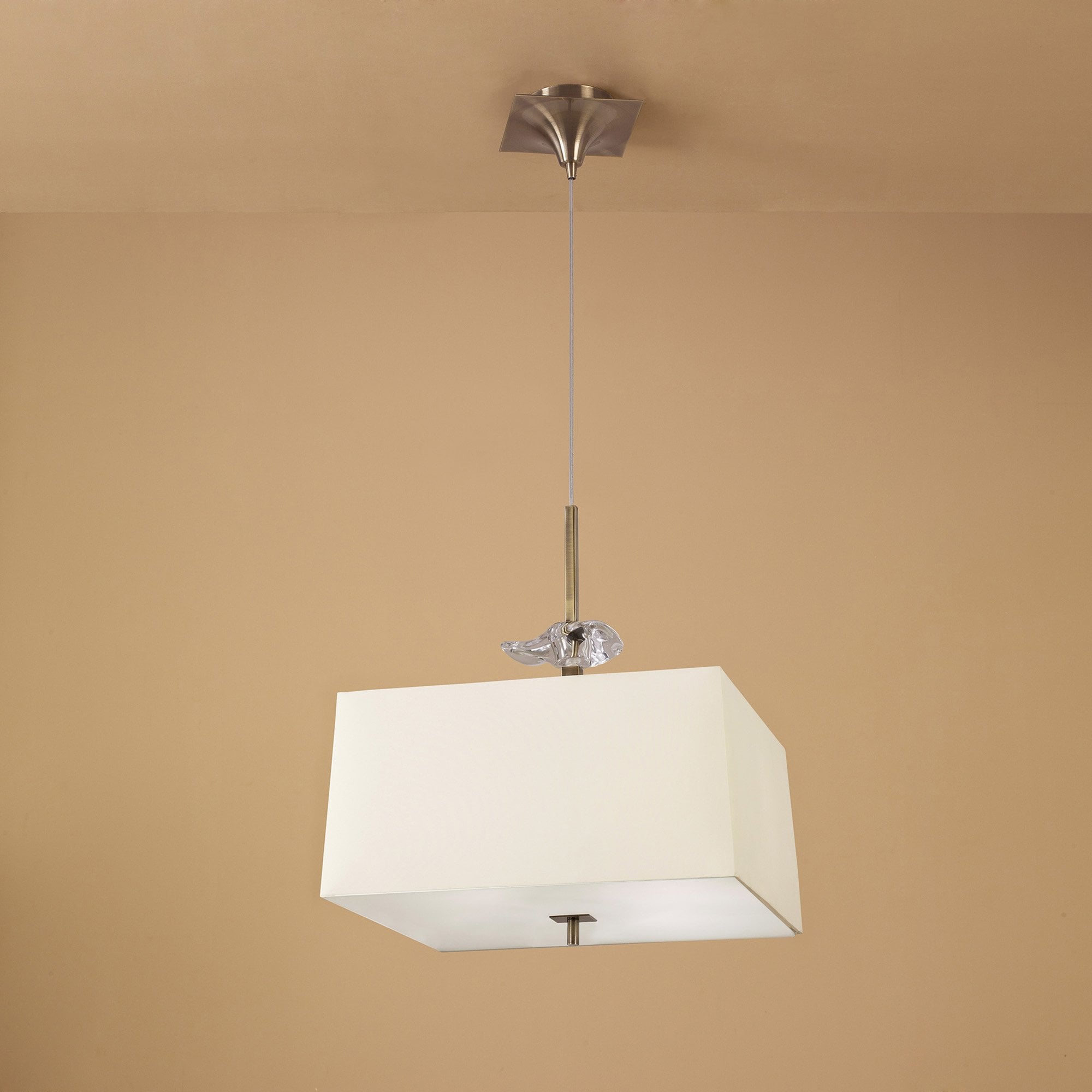 M0784AB Akira Square Pendant 4 Light E27 Antique Brass/Frosted Glass Cream Shade