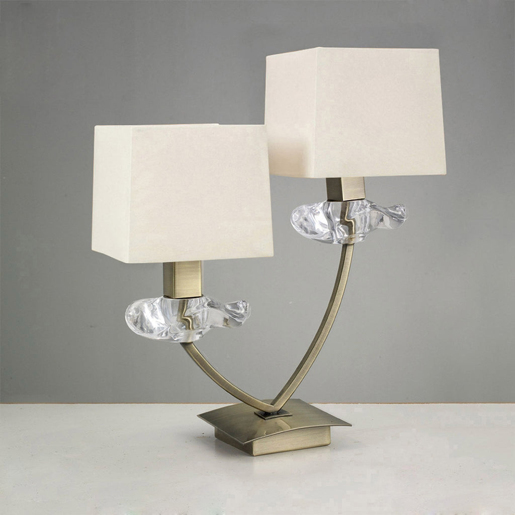 M0790AB Akira Table Lamp 2 Light E14 Antique Brass Cream Shades