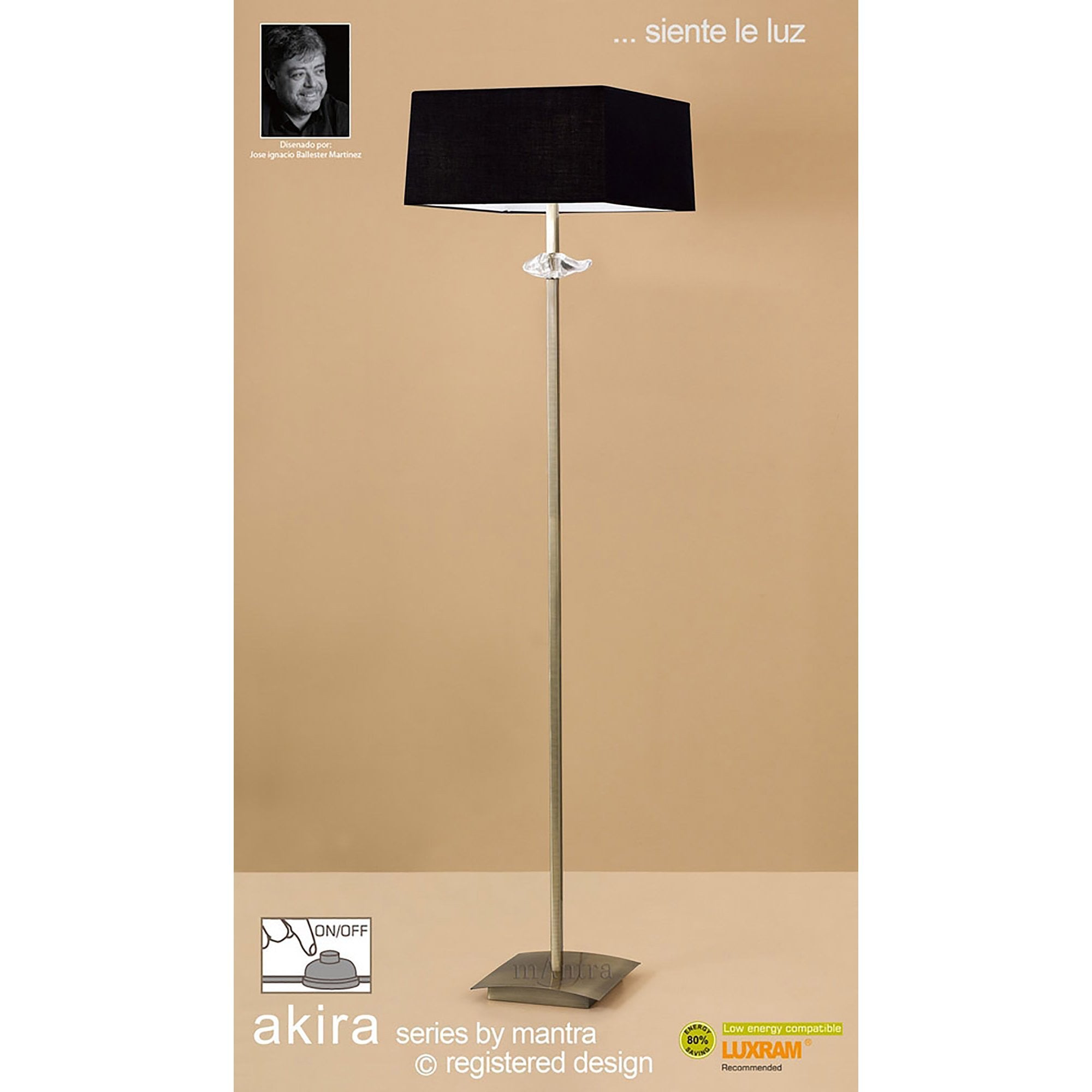 M0791AB/BS Akira Floor Lamp 3 Light E27 Antique Brass Black Shade