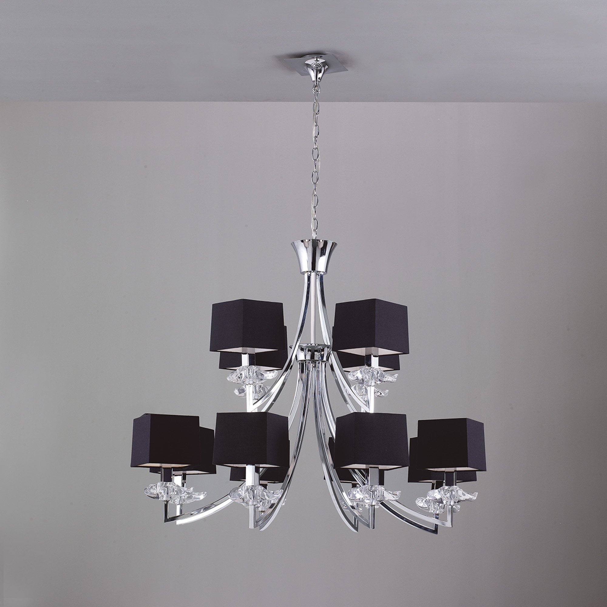 M0792 Akira Pendant 2 Tier 12 Light E14 Polished Chrome Black Shades