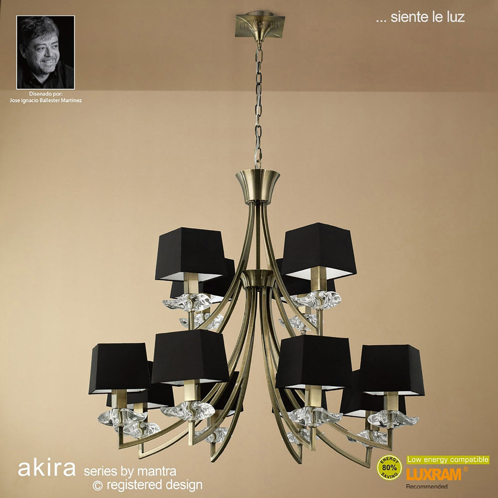 M0792AB/BS Akira Pendant 2 Tier 12 Light E14 Antique Brass Black Shades