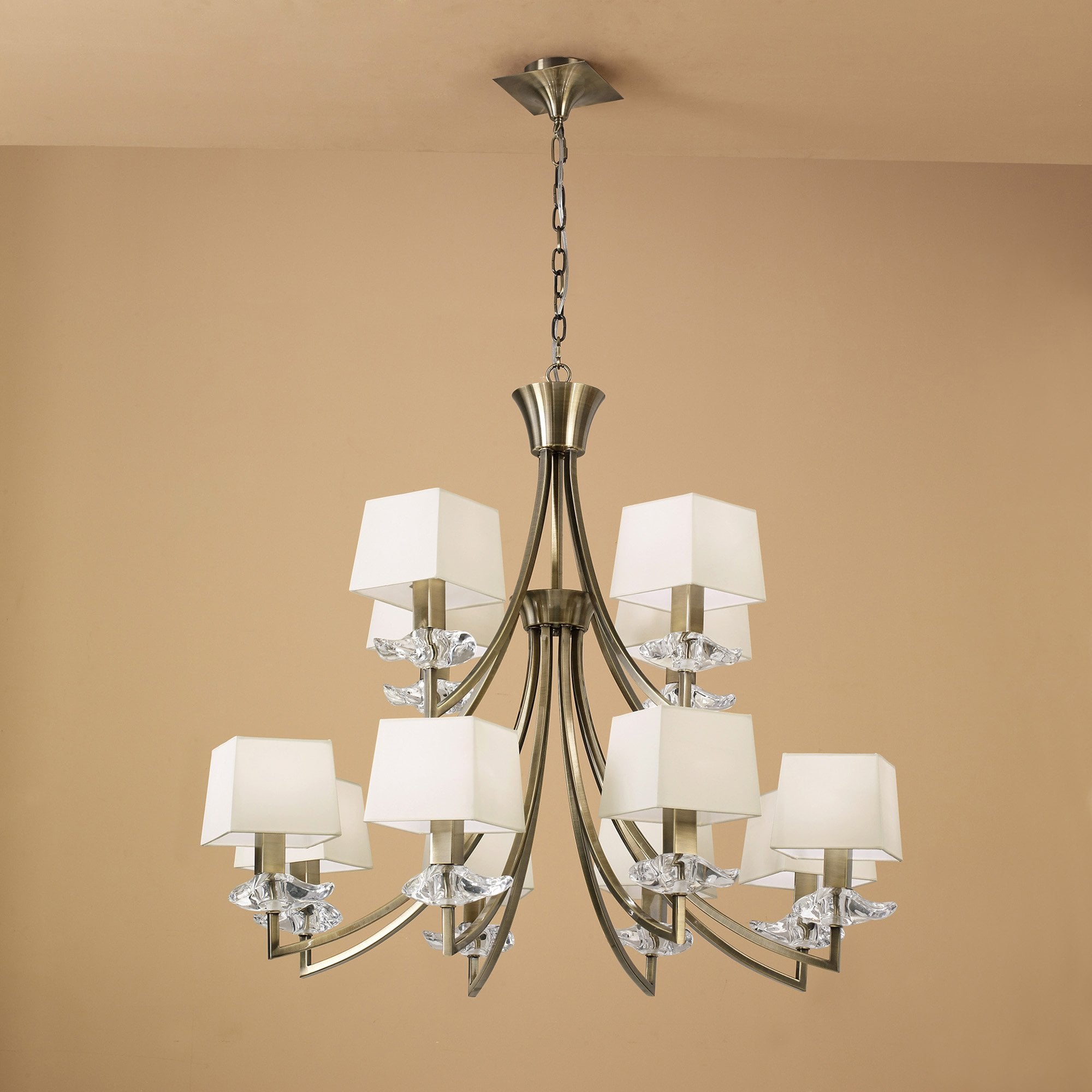 M0792AB Akira Pendant 2 Tier 12 Light E14 Antique Brass Cream Shades