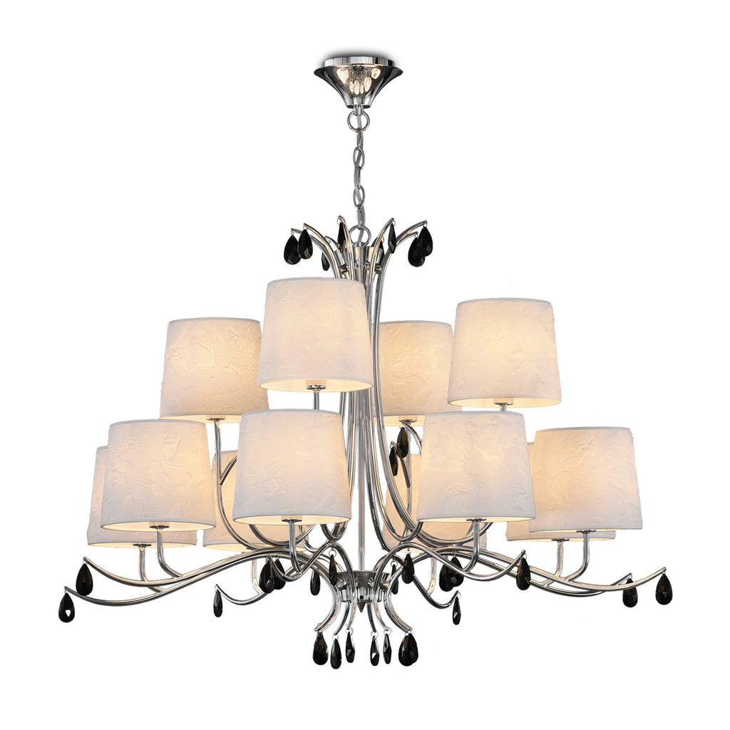 M6310 Andrea Pendant 100cm Round 12 Light Polished Chrome White Shades Black Crystal Droplets