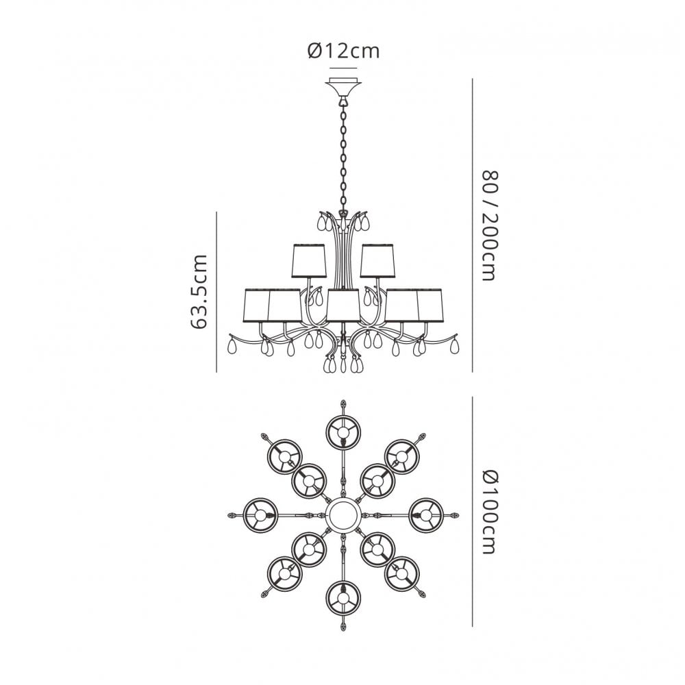 M6310 Andrea Pendant 100cm Round 12 Light Polished Chrome White Shades Black Crystal Droplets